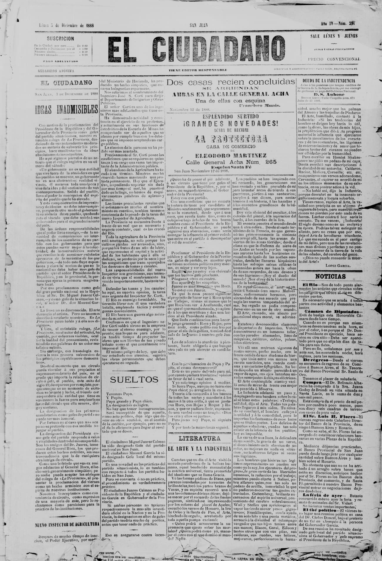 Portada · 3 de Diciembre de 1888