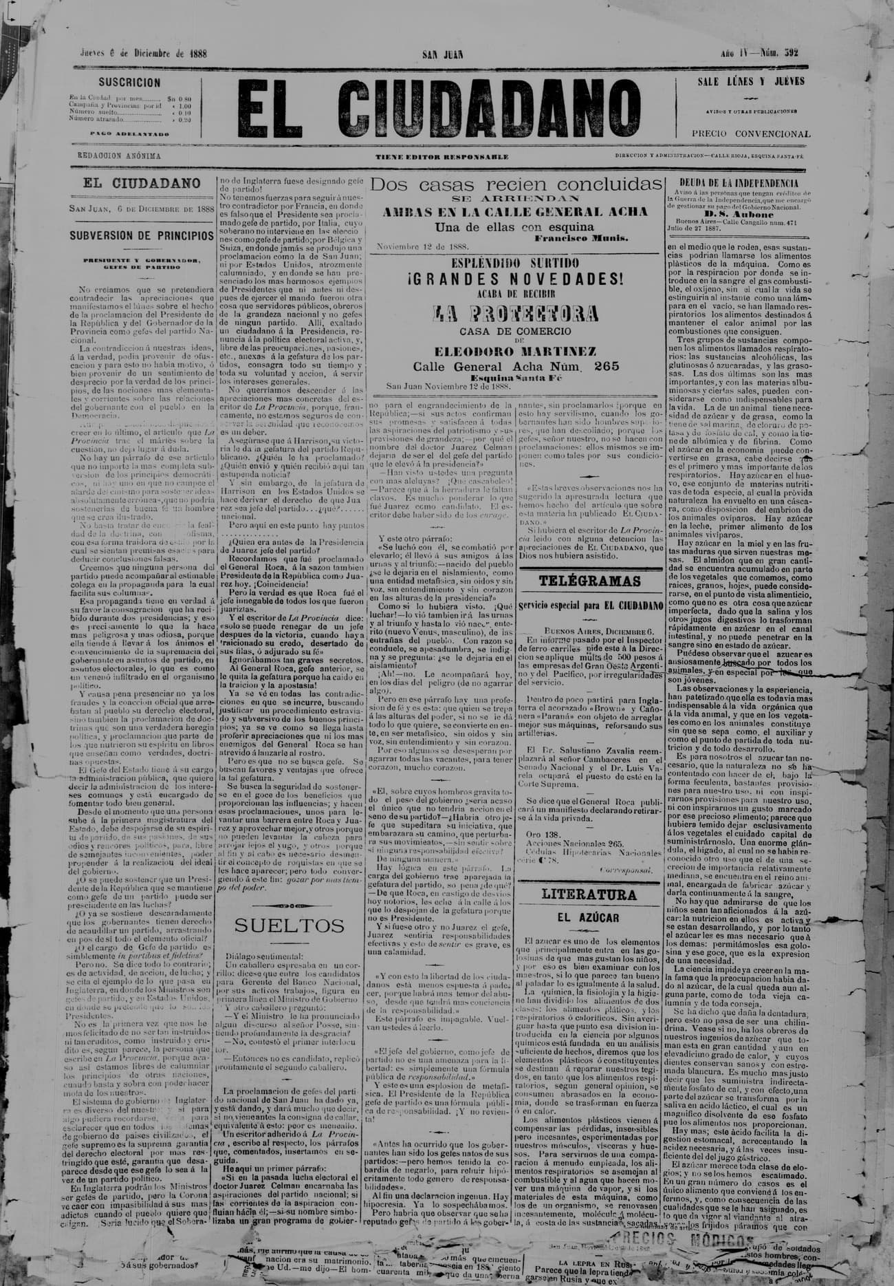 Portada · 6 de Diciembre de 1888