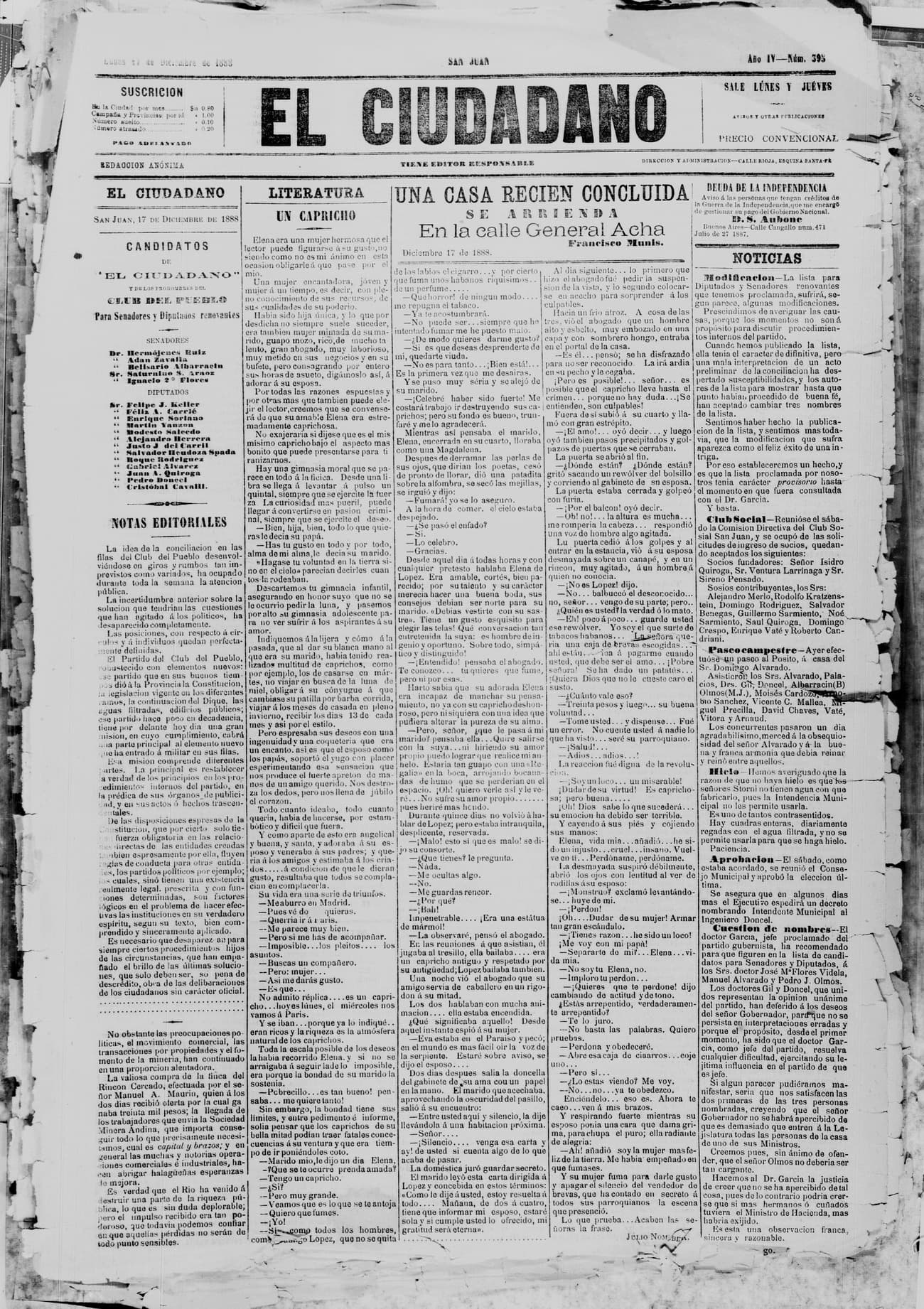 Portada · 17 de Diciembre de 1888