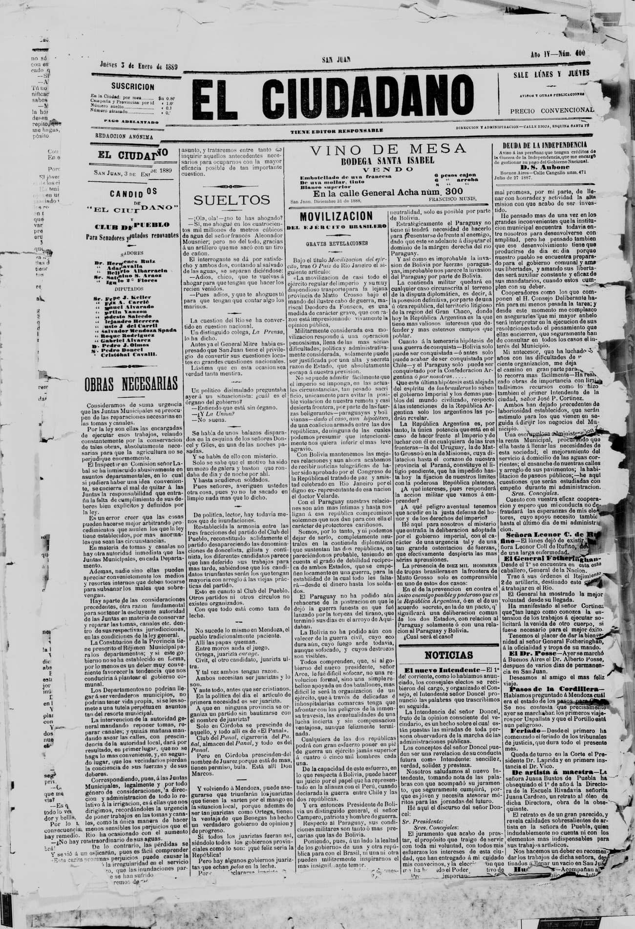 Portada · 3 de Enero de 1889