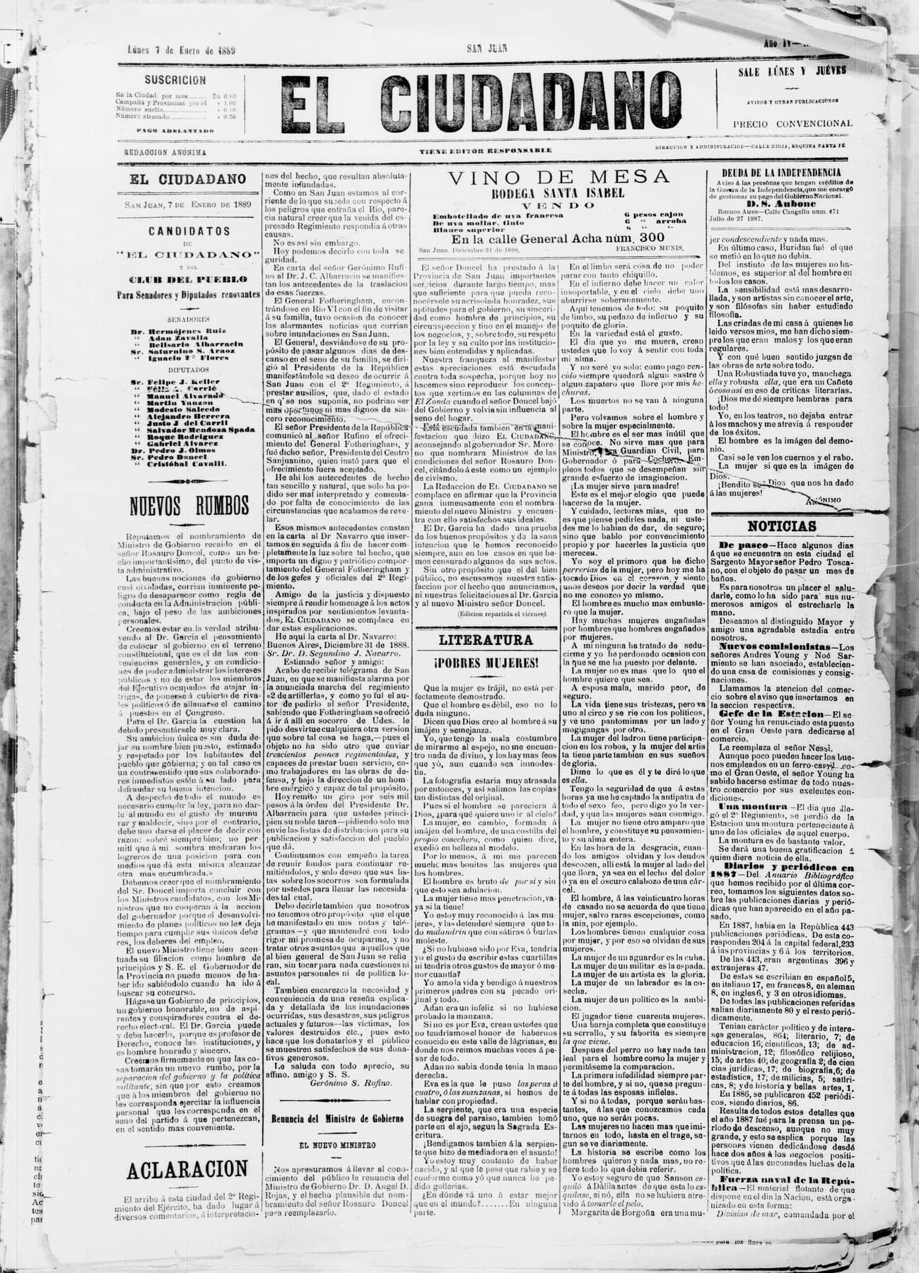 Portada · 7 de Enero de 1889
