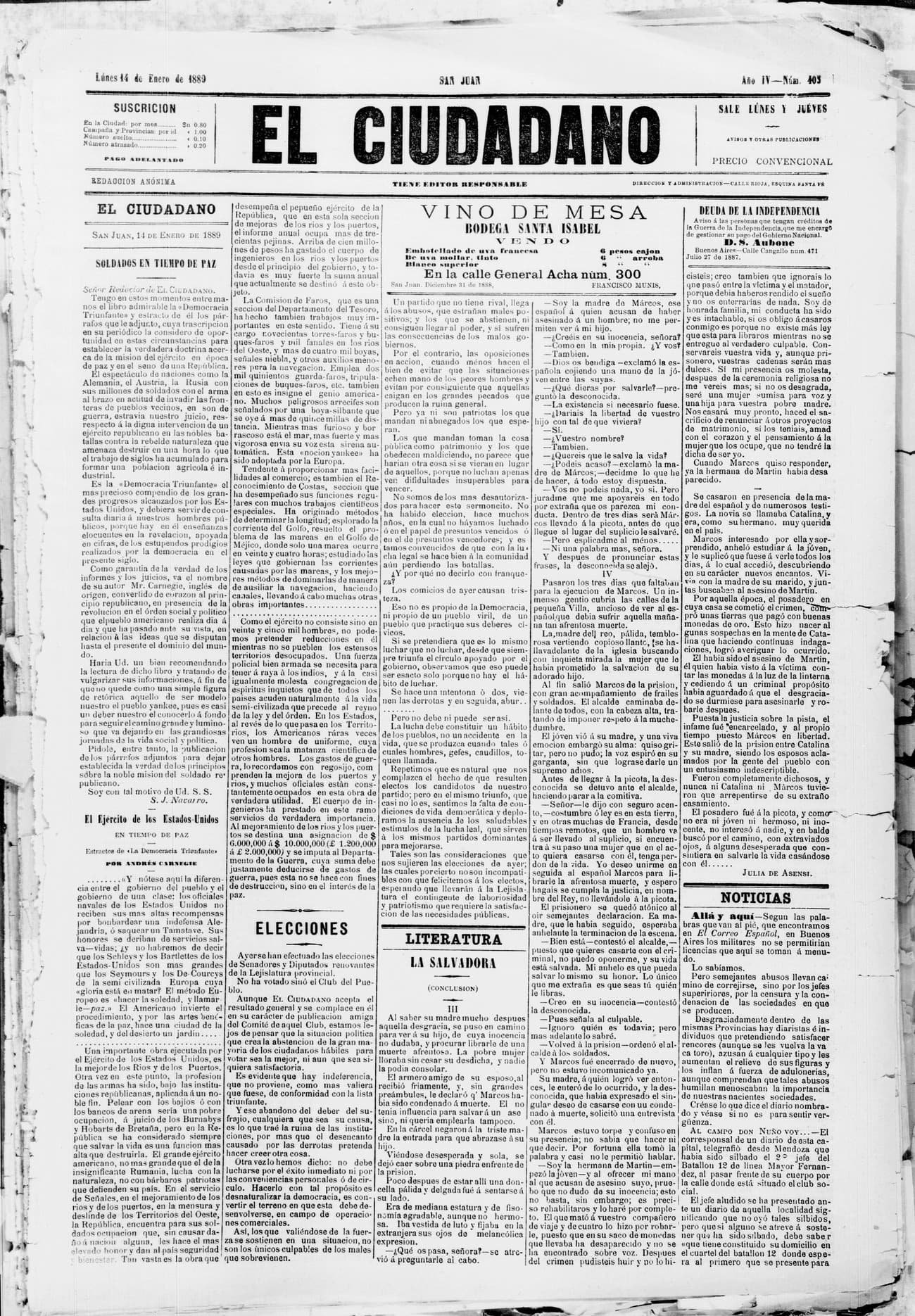 Portada · 14 de Enero de 1889