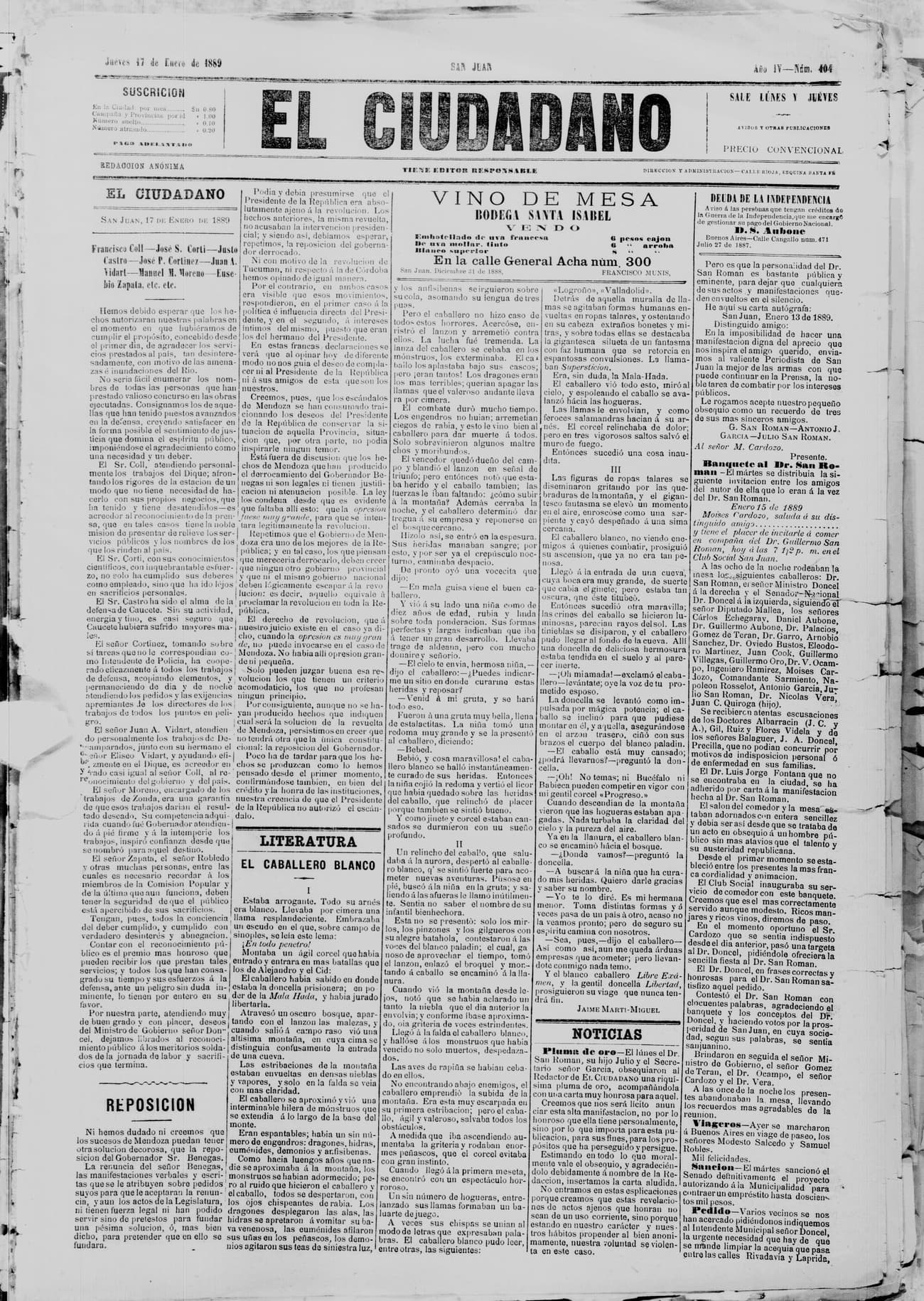 Portada · 17 de Enero de 1889