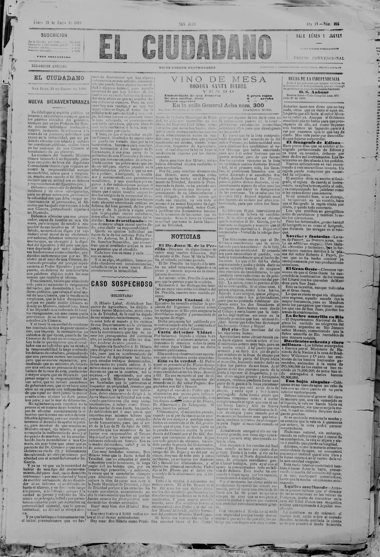 Portada · 21 de Enero de 1889