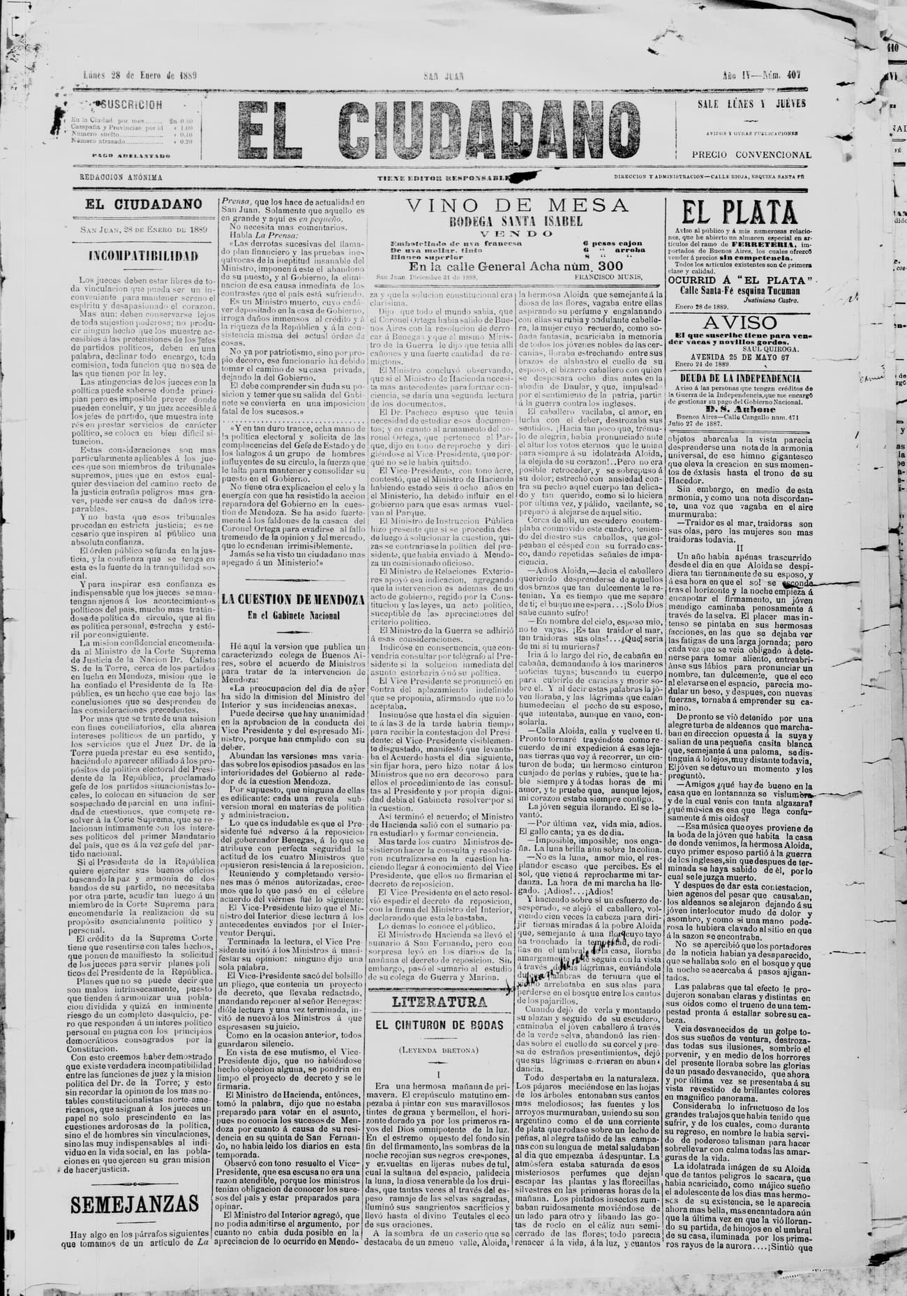 Portada · 28 de Enero de 1889