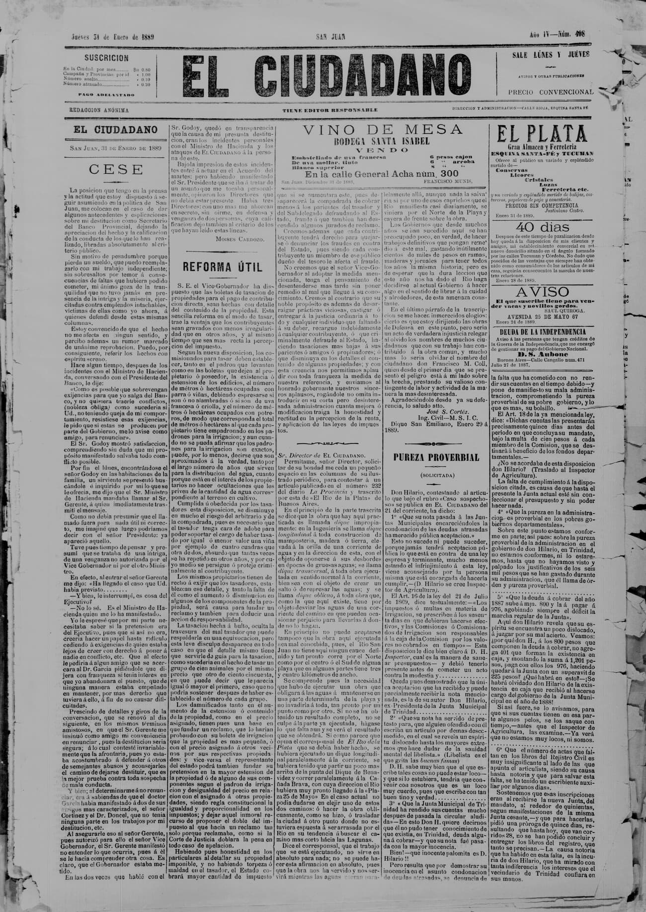 Portada · 31 de Enero de 1889