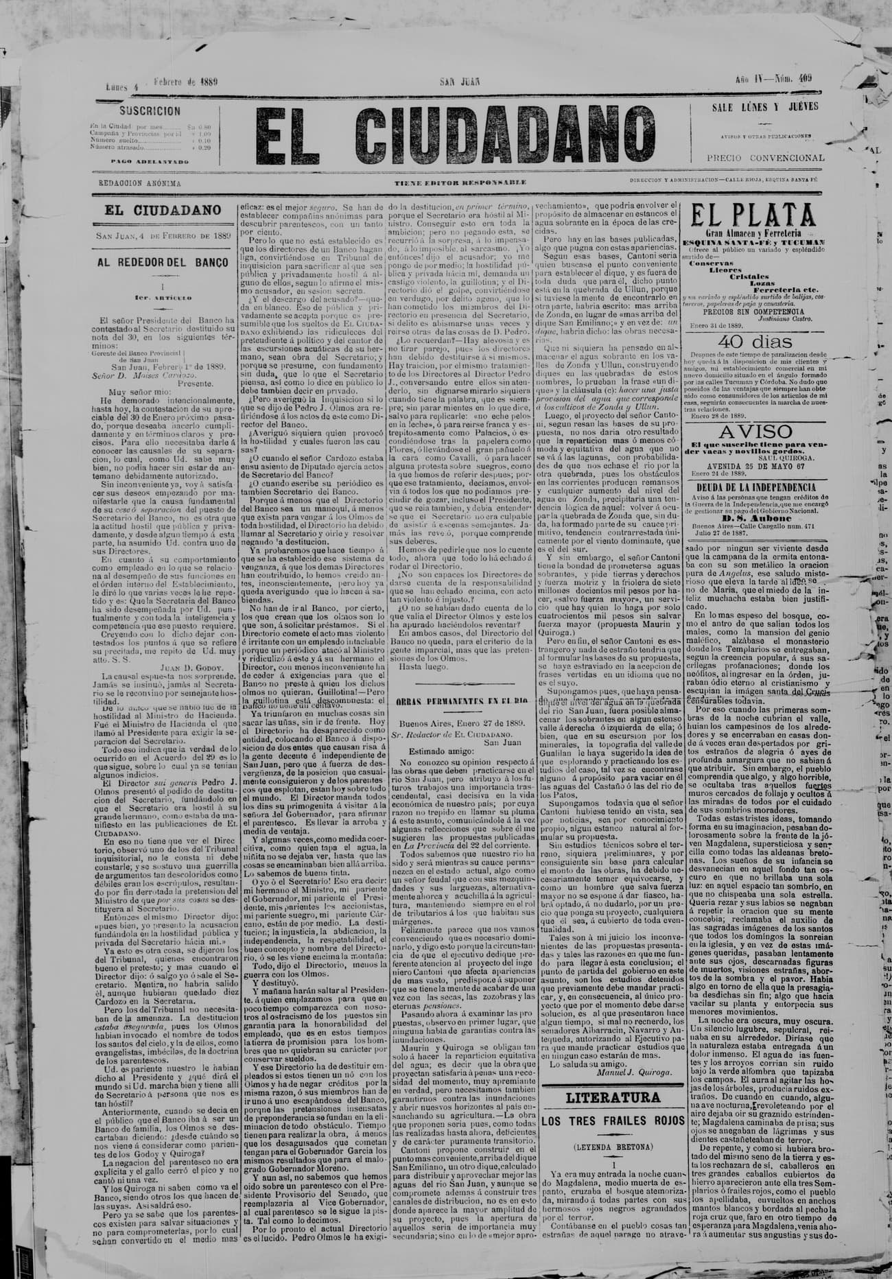 Portada · 4 de Febrero de 1889