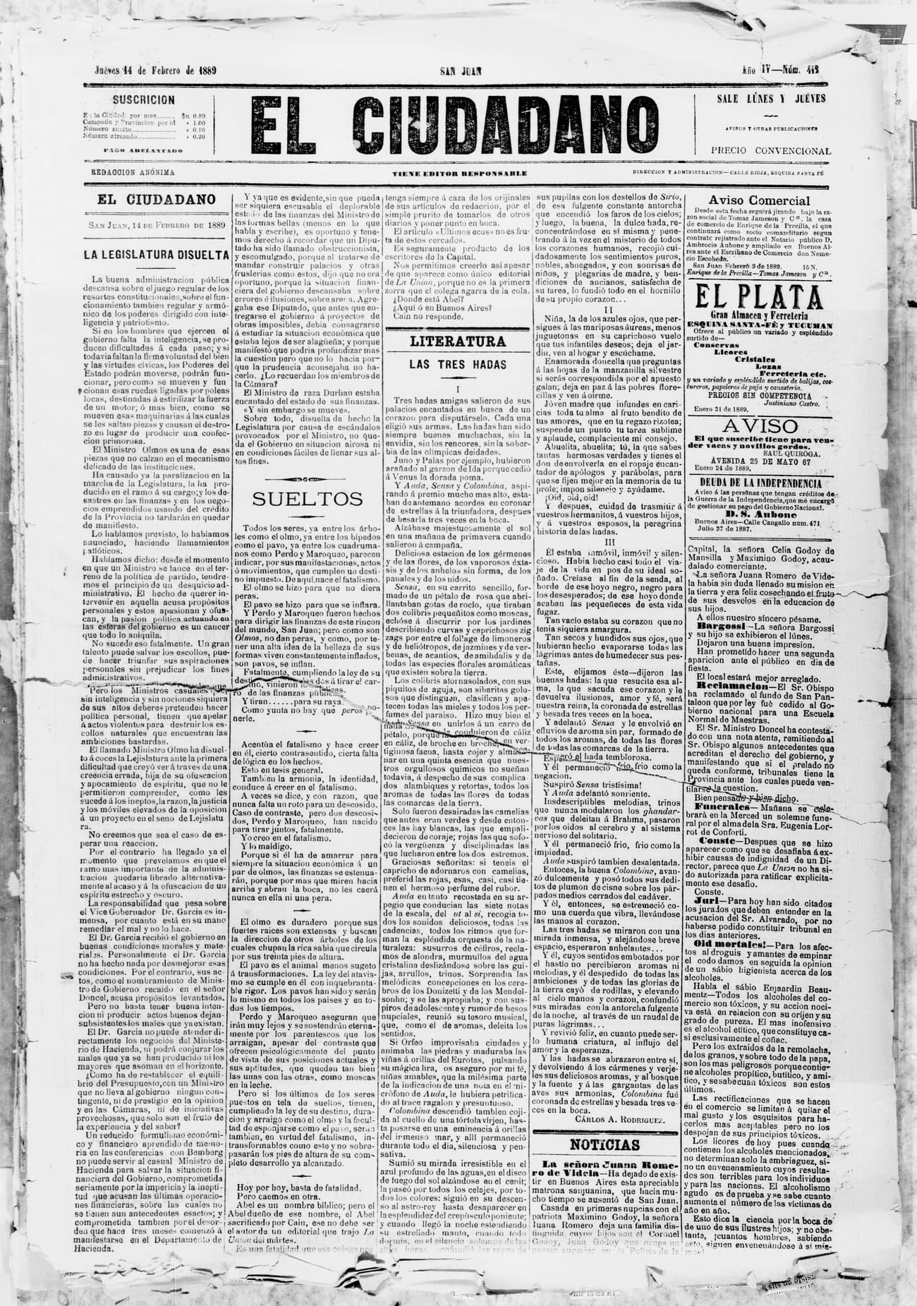 Portada · 14 de Febrero de 1889