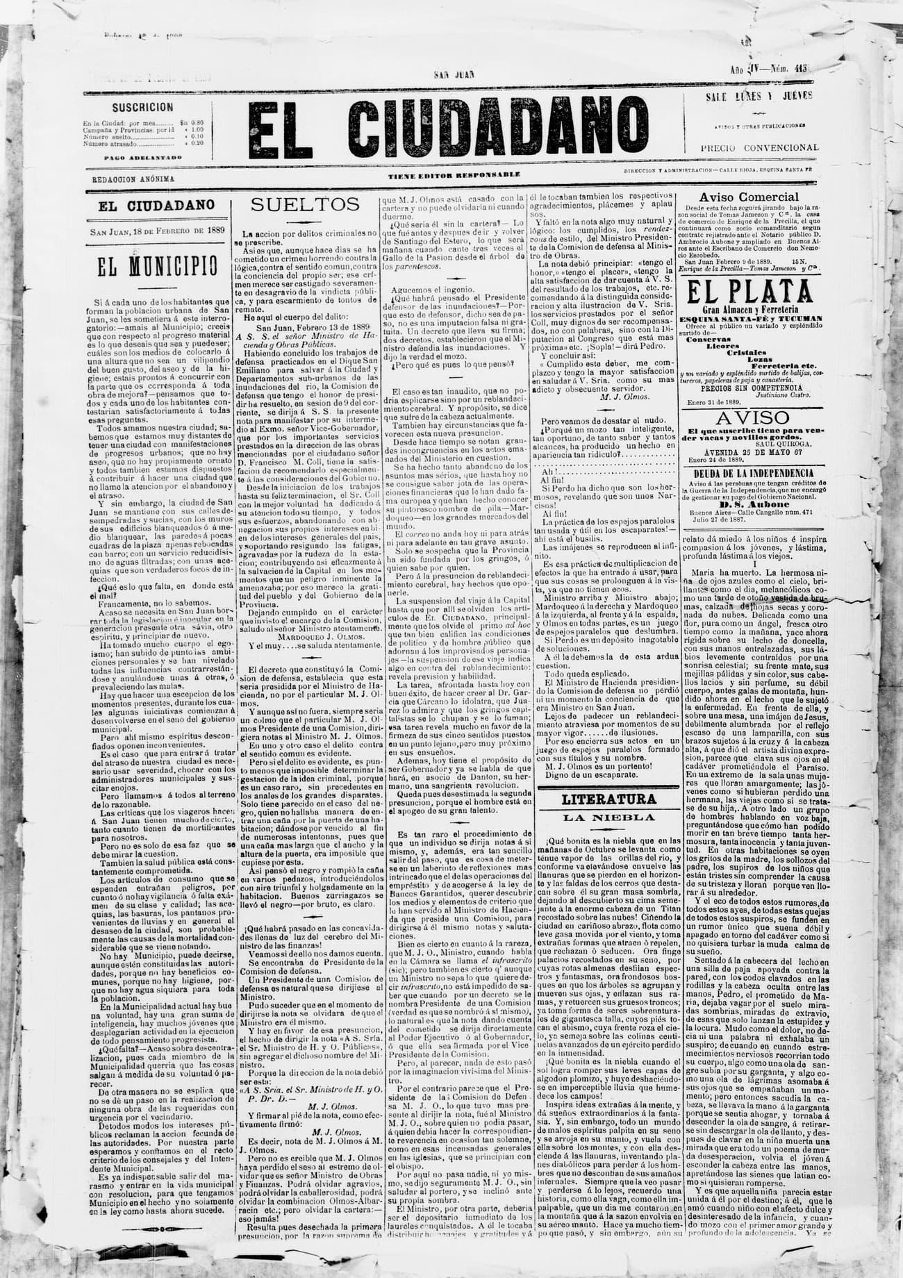 Portada · 18 de Febrero de 1889