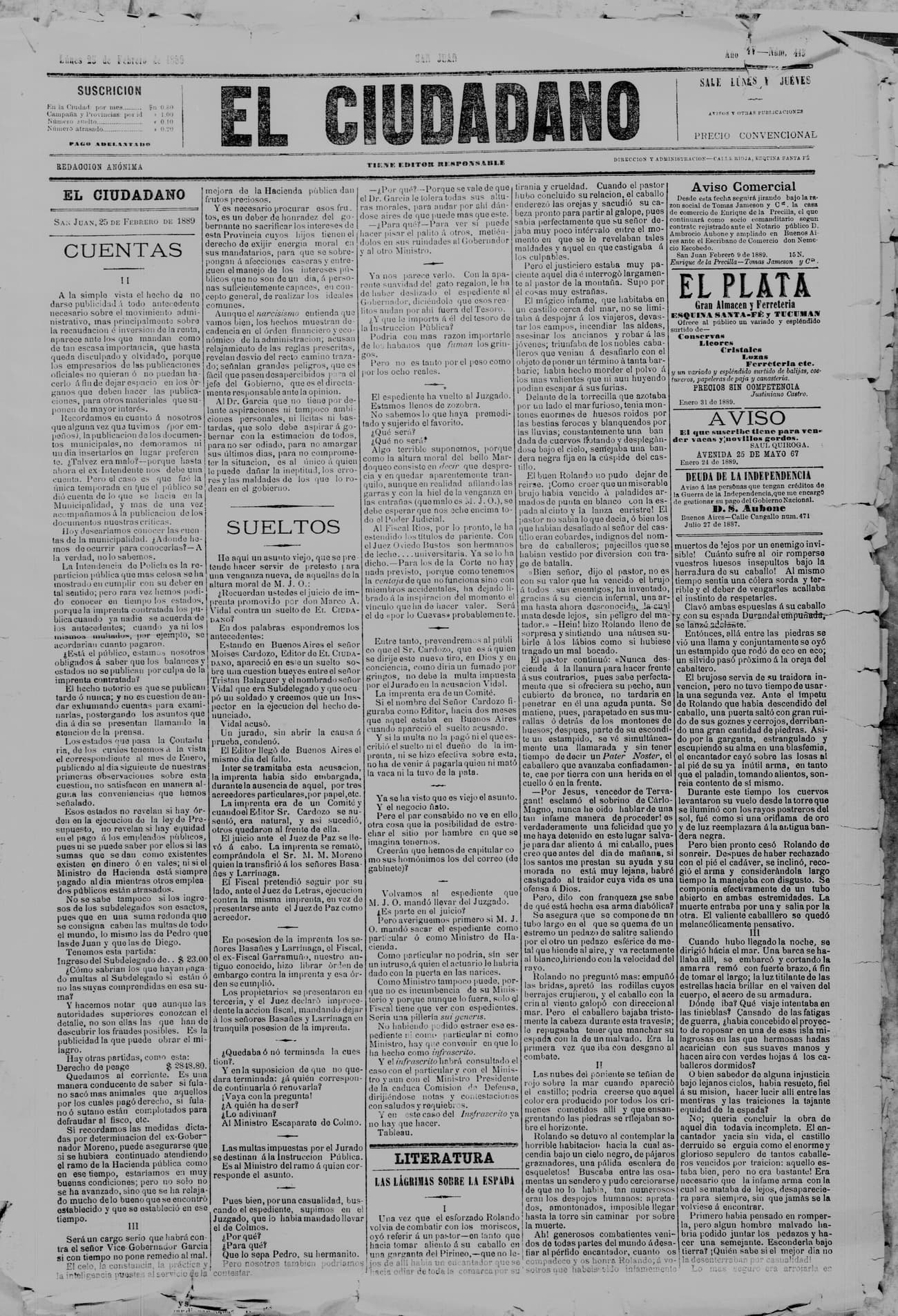 Portada · 25 de Febrero de 1889