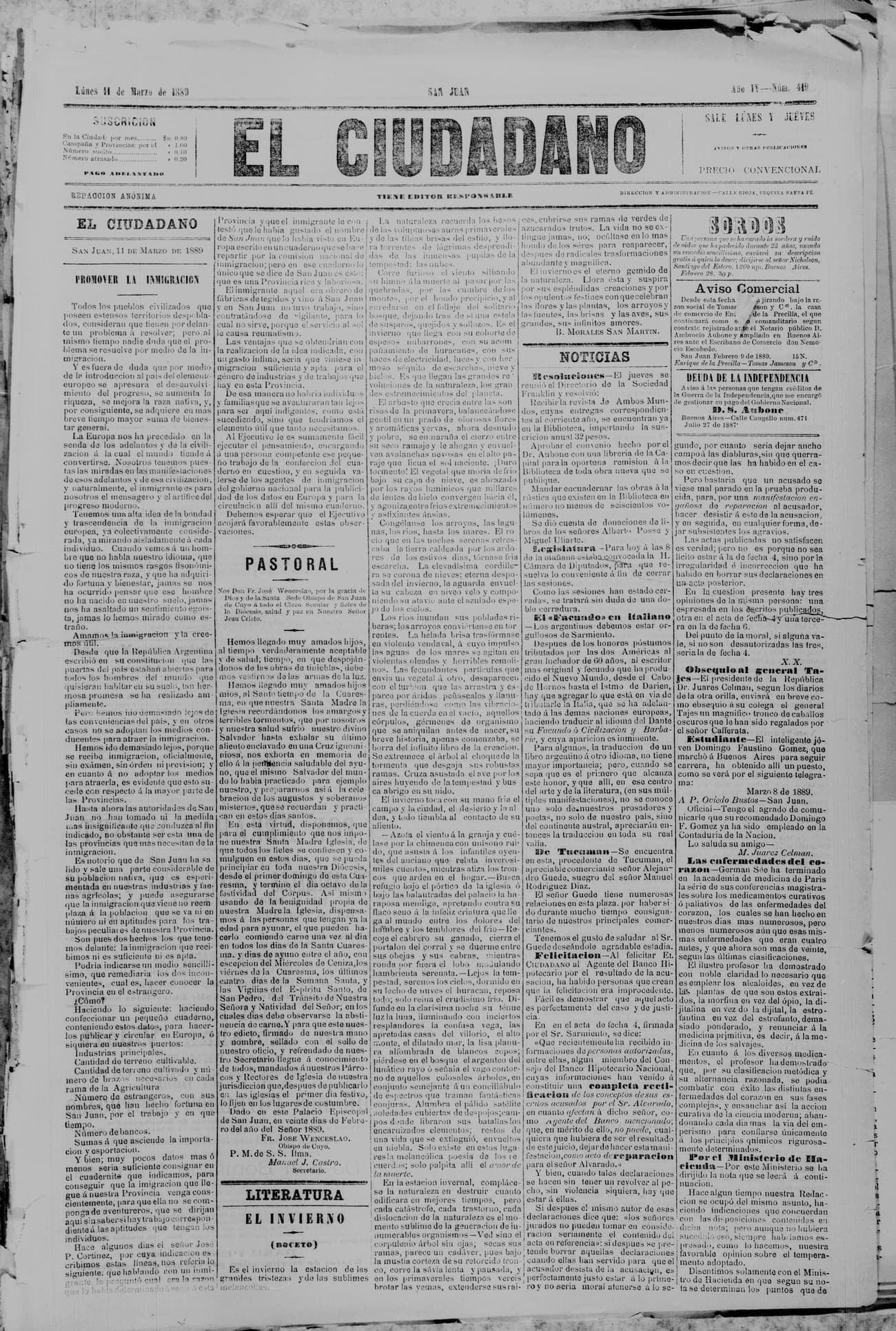 Portada · 11 de Marzo de 1889