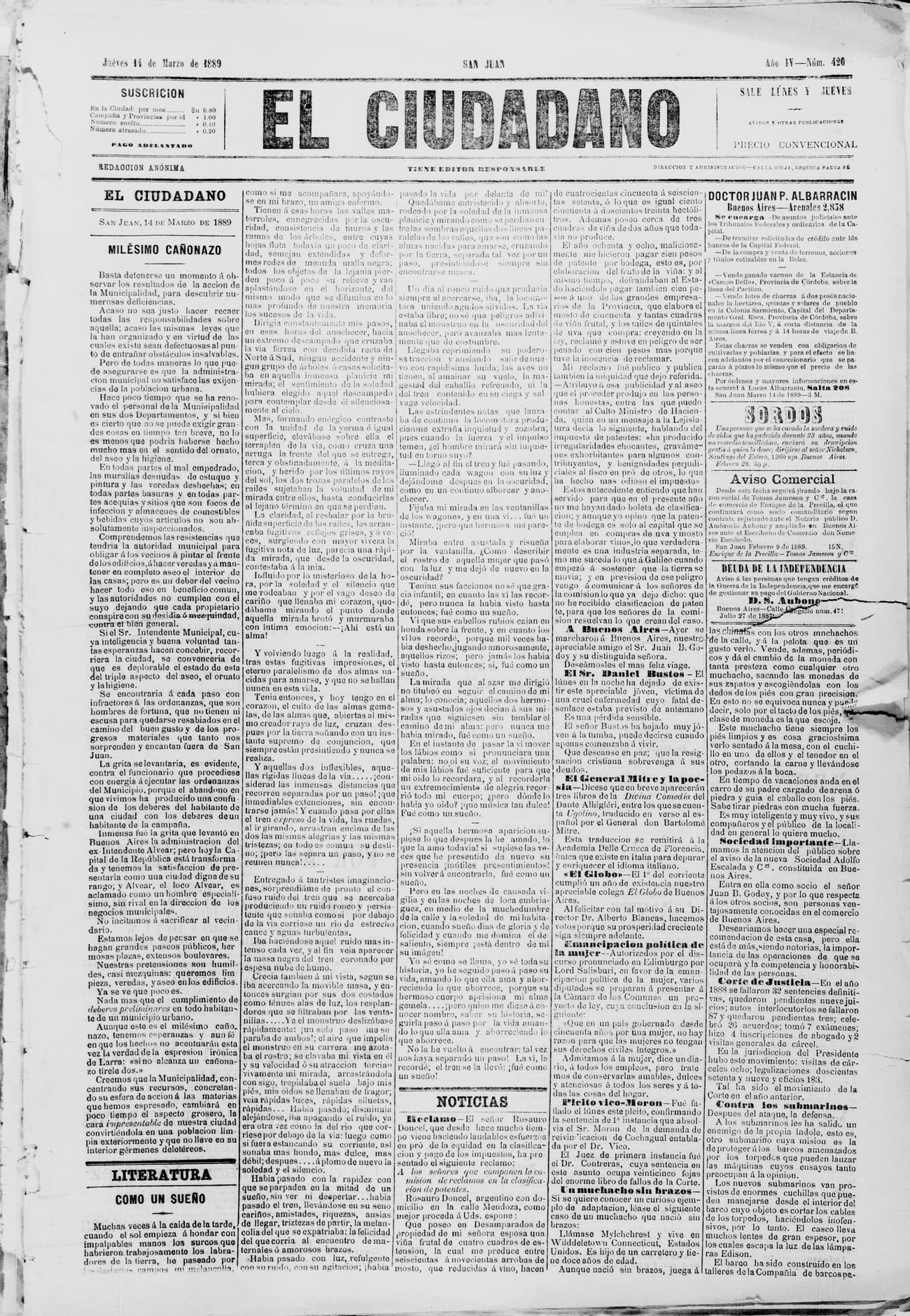 Portada · 14 de Marzo de 1889