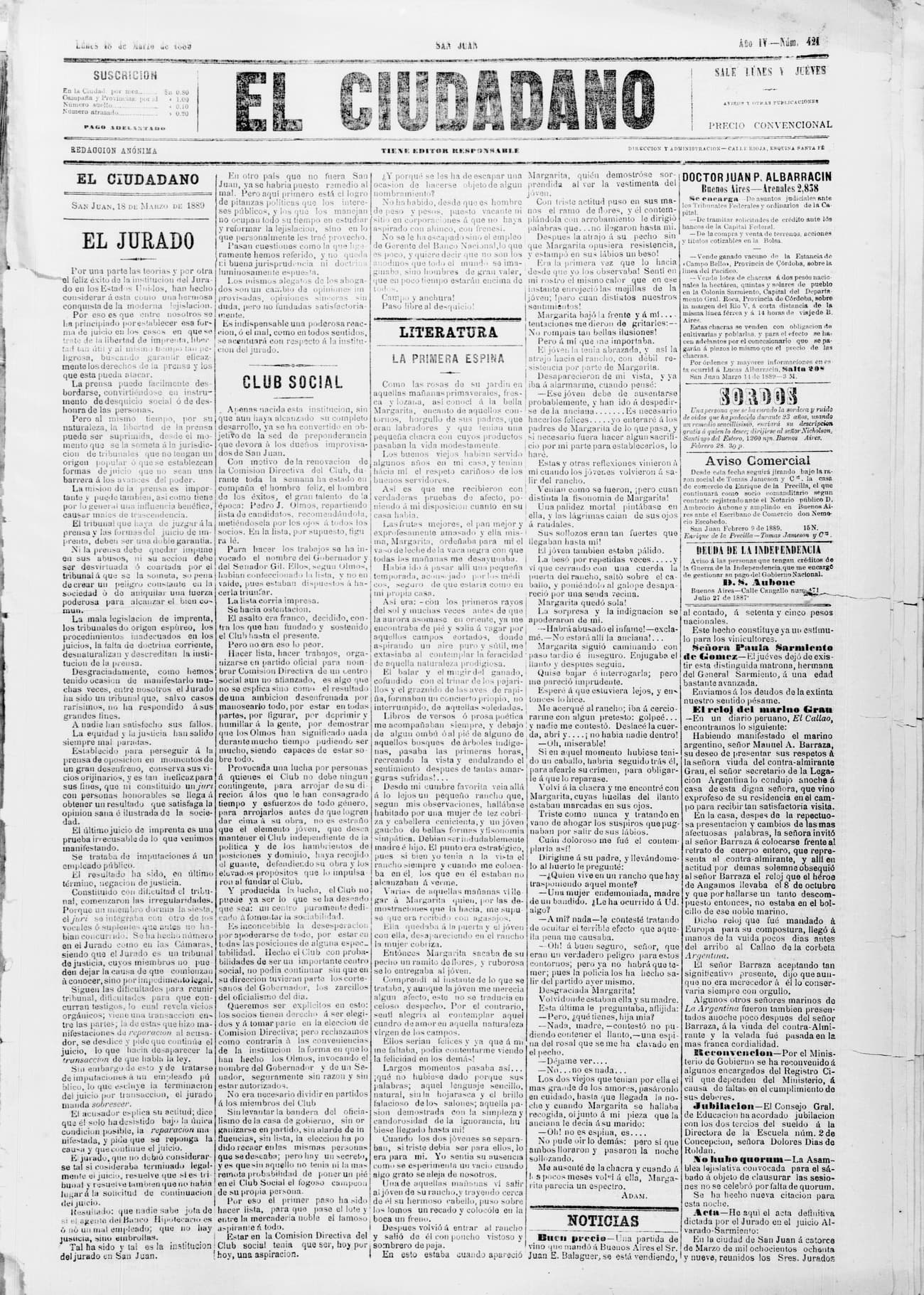Portada · 18 de Marzo de 1889