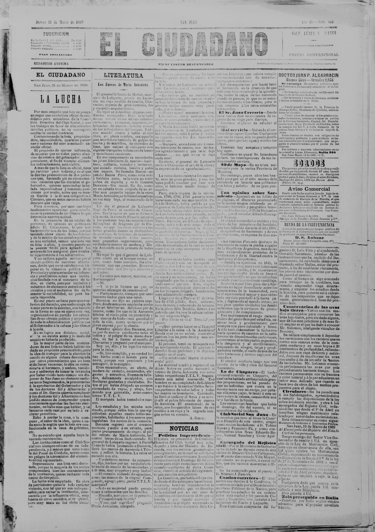 Portada · 21 de Marzo de 1889
