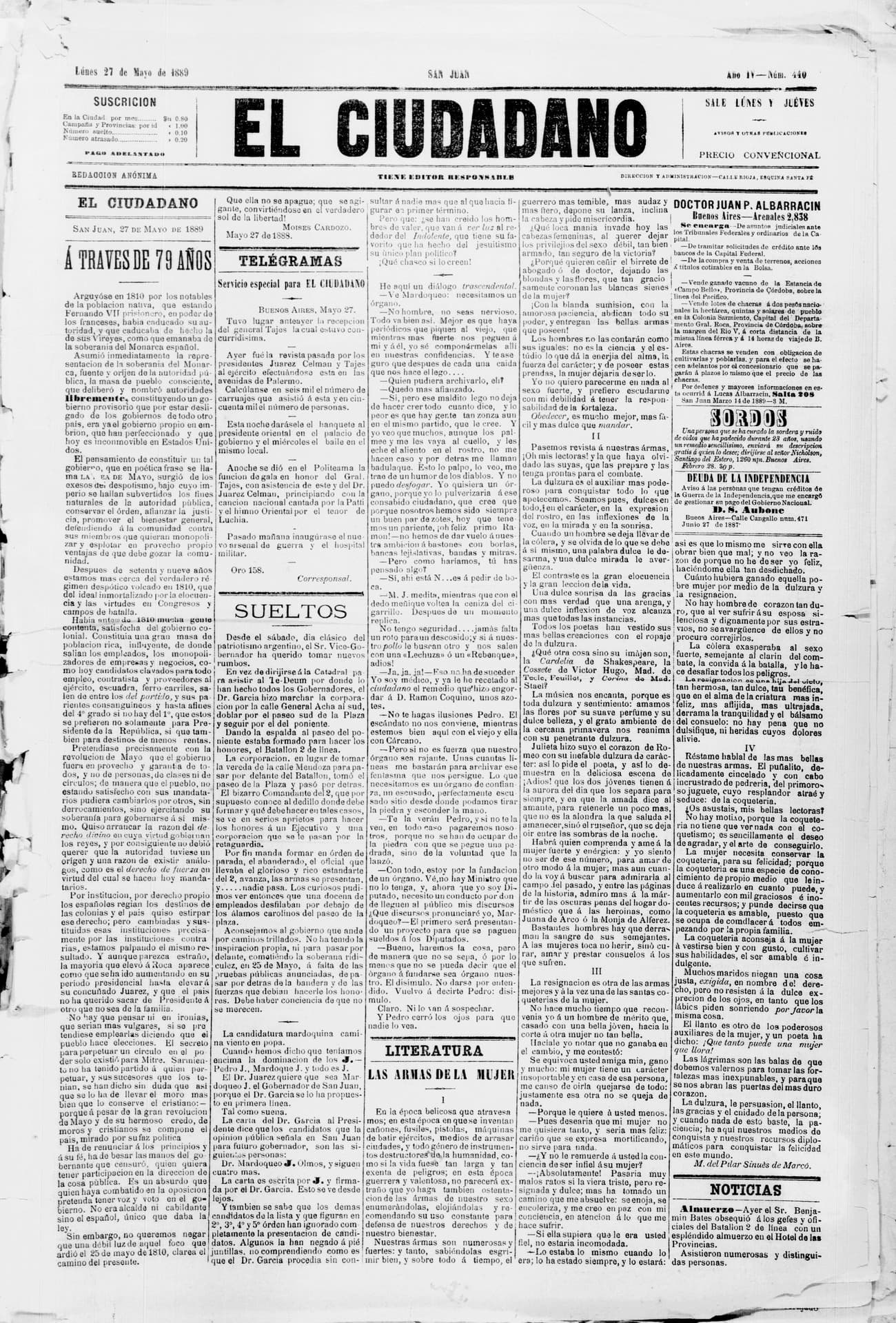 Portada · 27 de Mayo de 1889