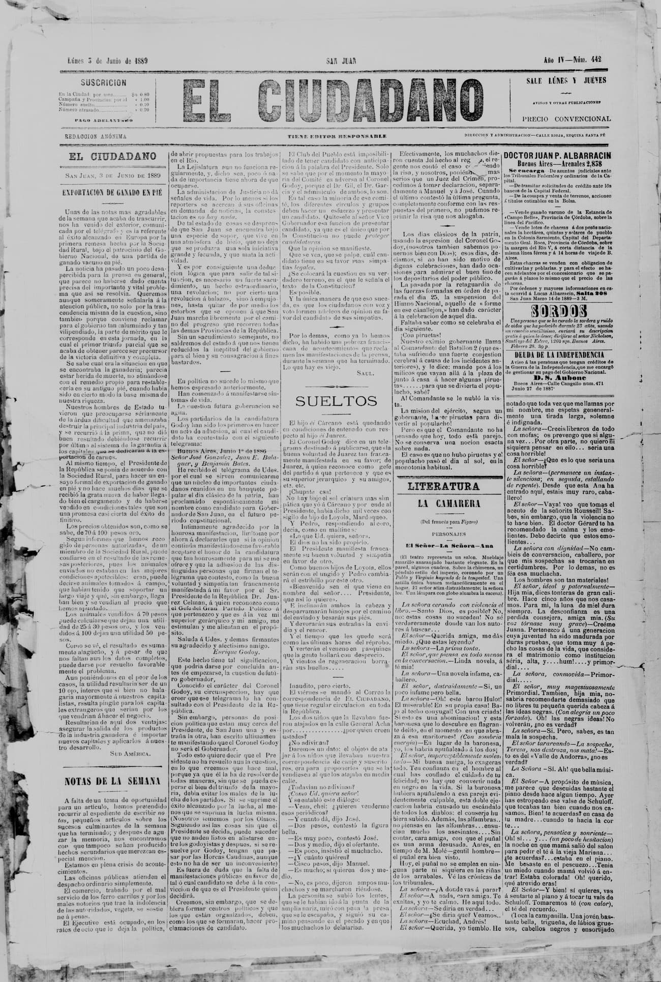 Portada · 3 de Junio de 1889