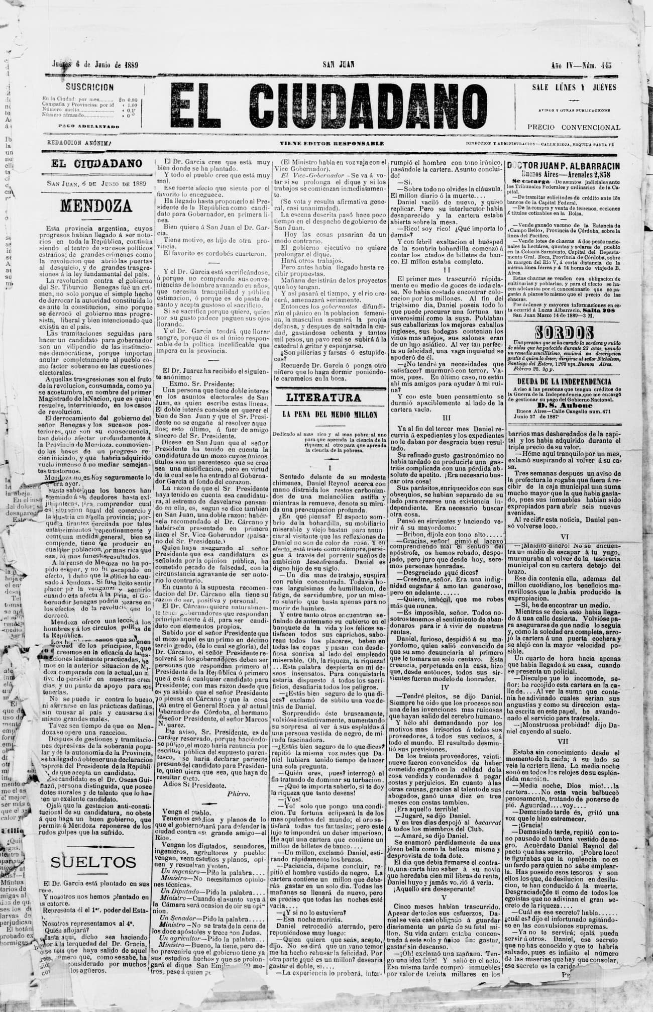 Portada · 6 de Junio de 1889