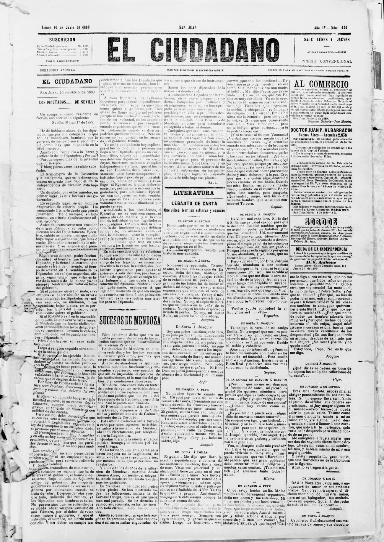 Portada · 10 de Junio de 1889