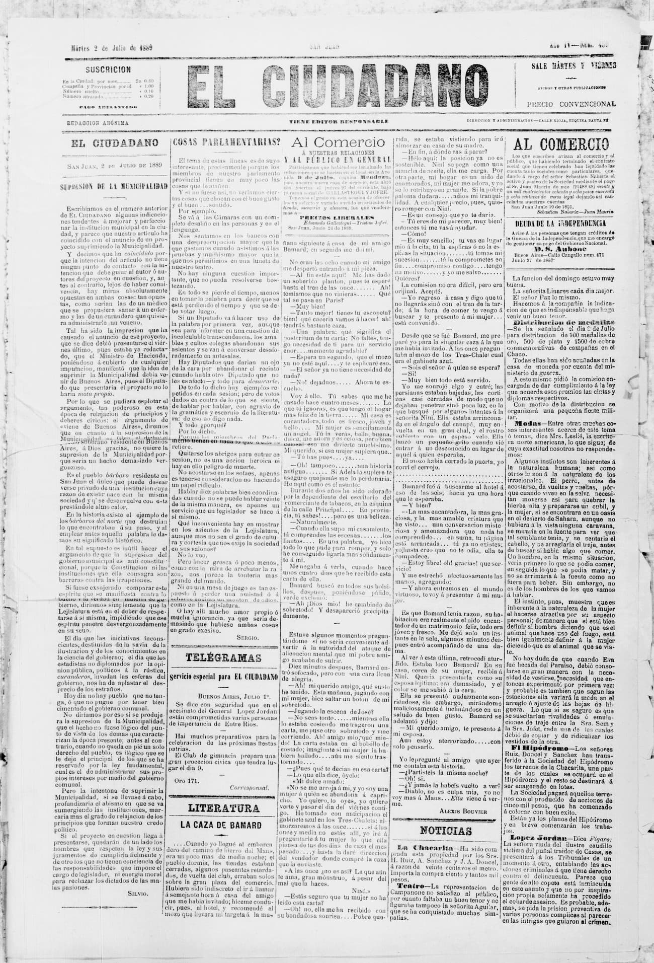 Portada · 2 de Julio de 1889