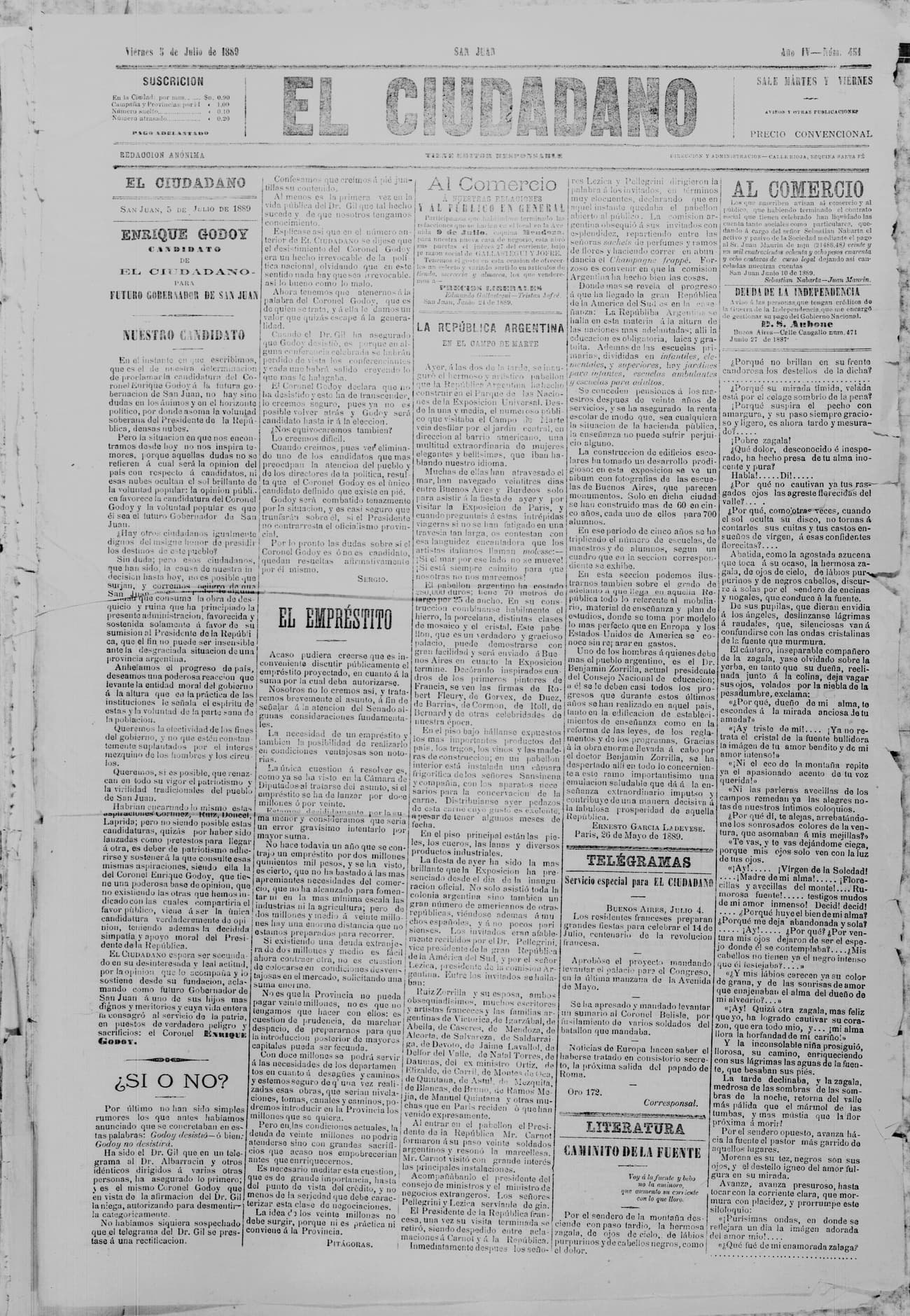 Portada · 5 de Julio de 1889