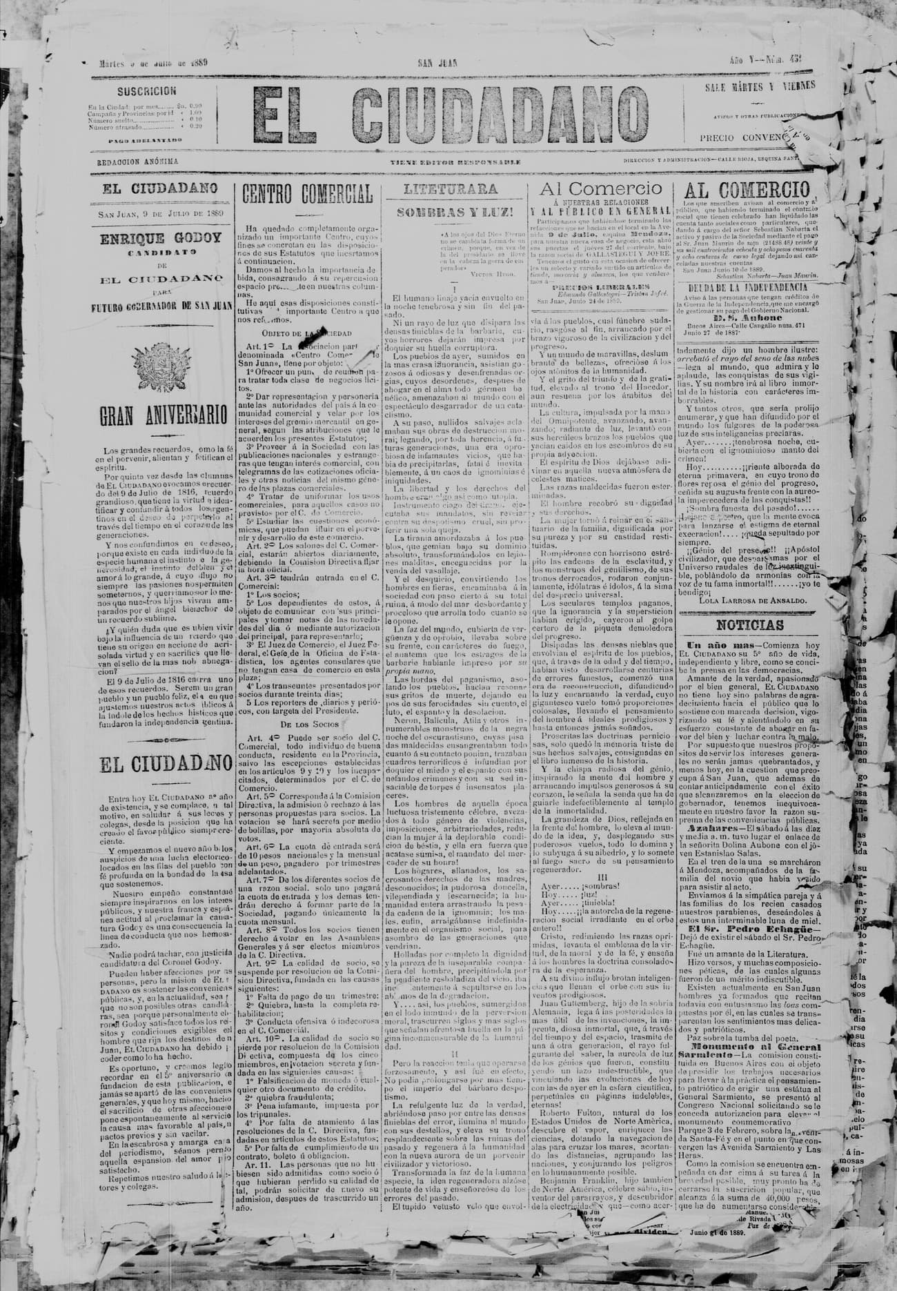 Tapa de El Ciudadano · 9 de Julio de 1889