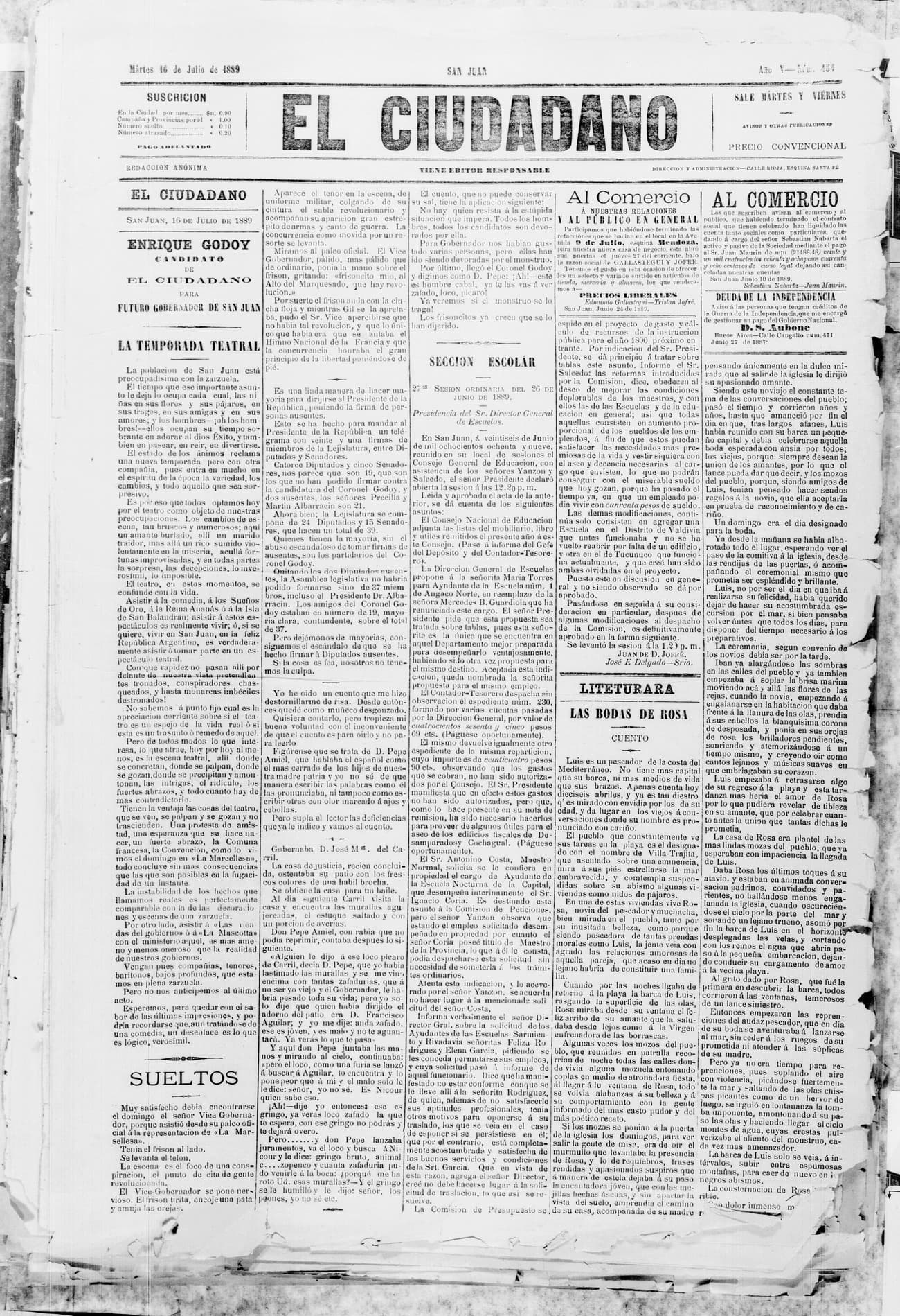 Portada · 16 de Julio de 1889