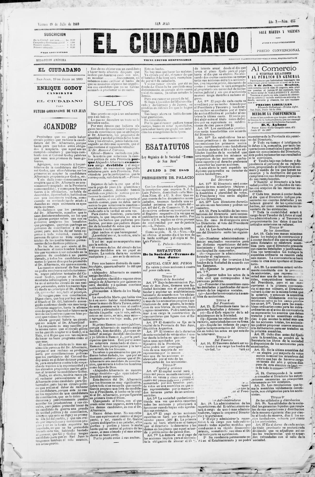 Portada · 19 de Julio de 1889