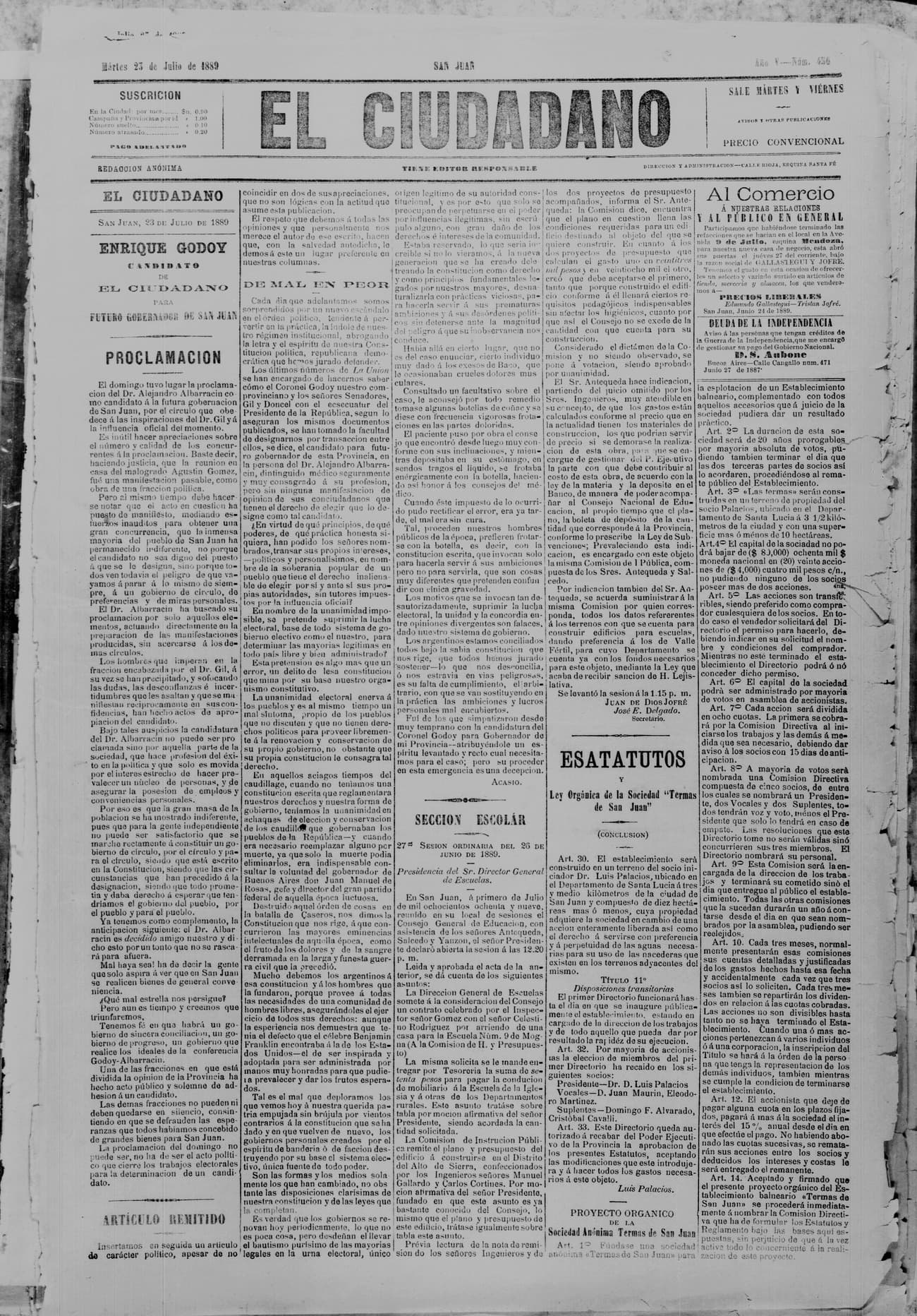 Portada · 23 de Julio de 1889