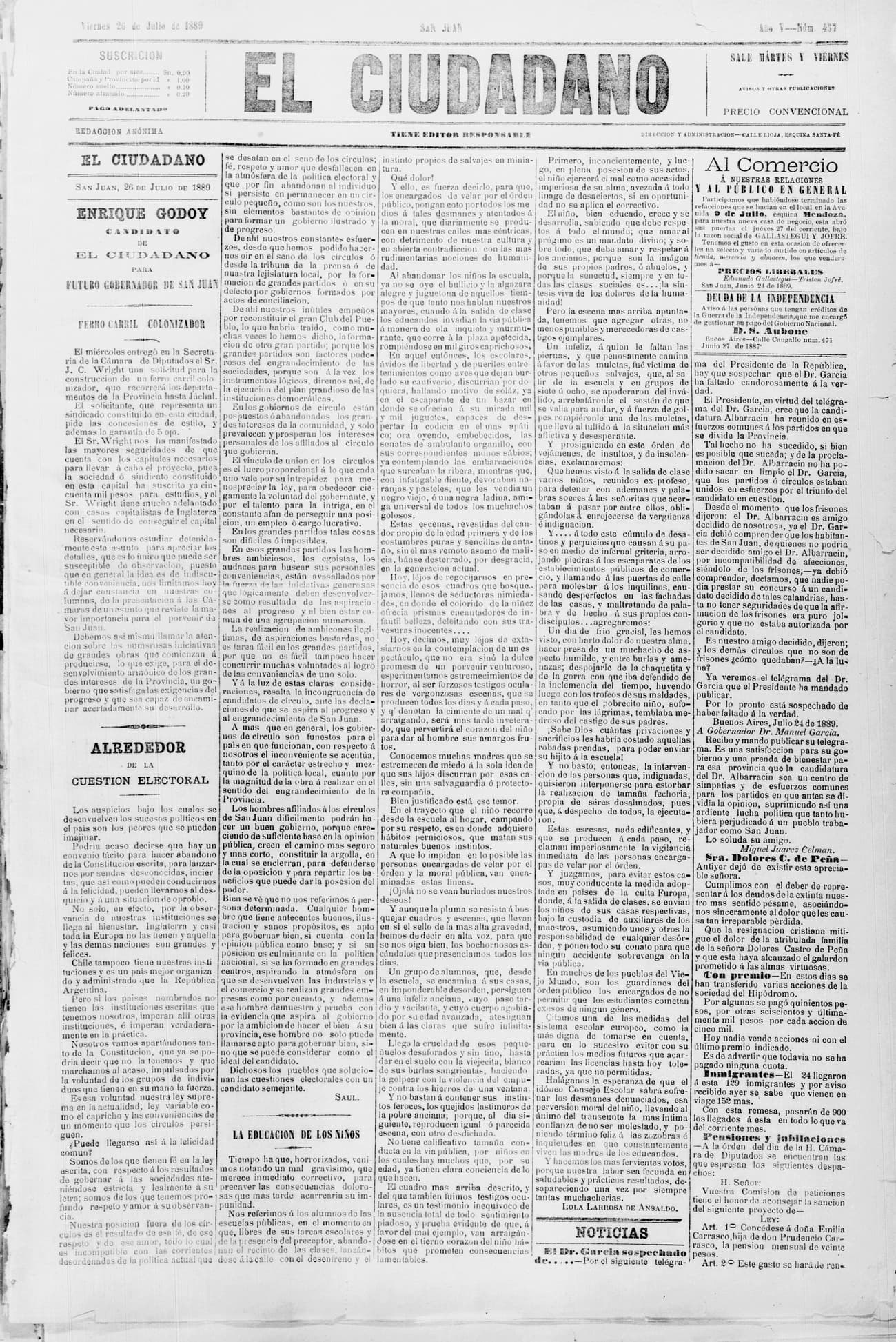 Portada · 26 de Julio de 1889