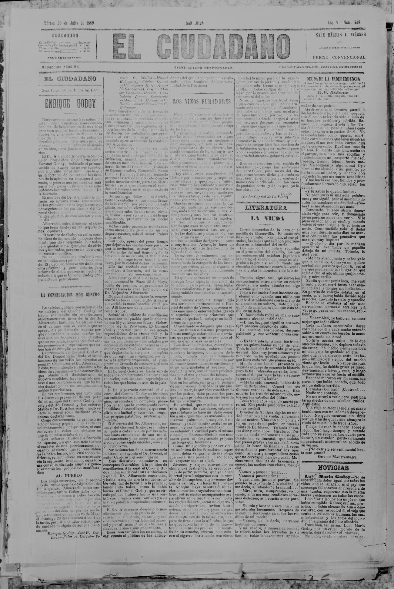 Portada · 30 de Julio de 1889