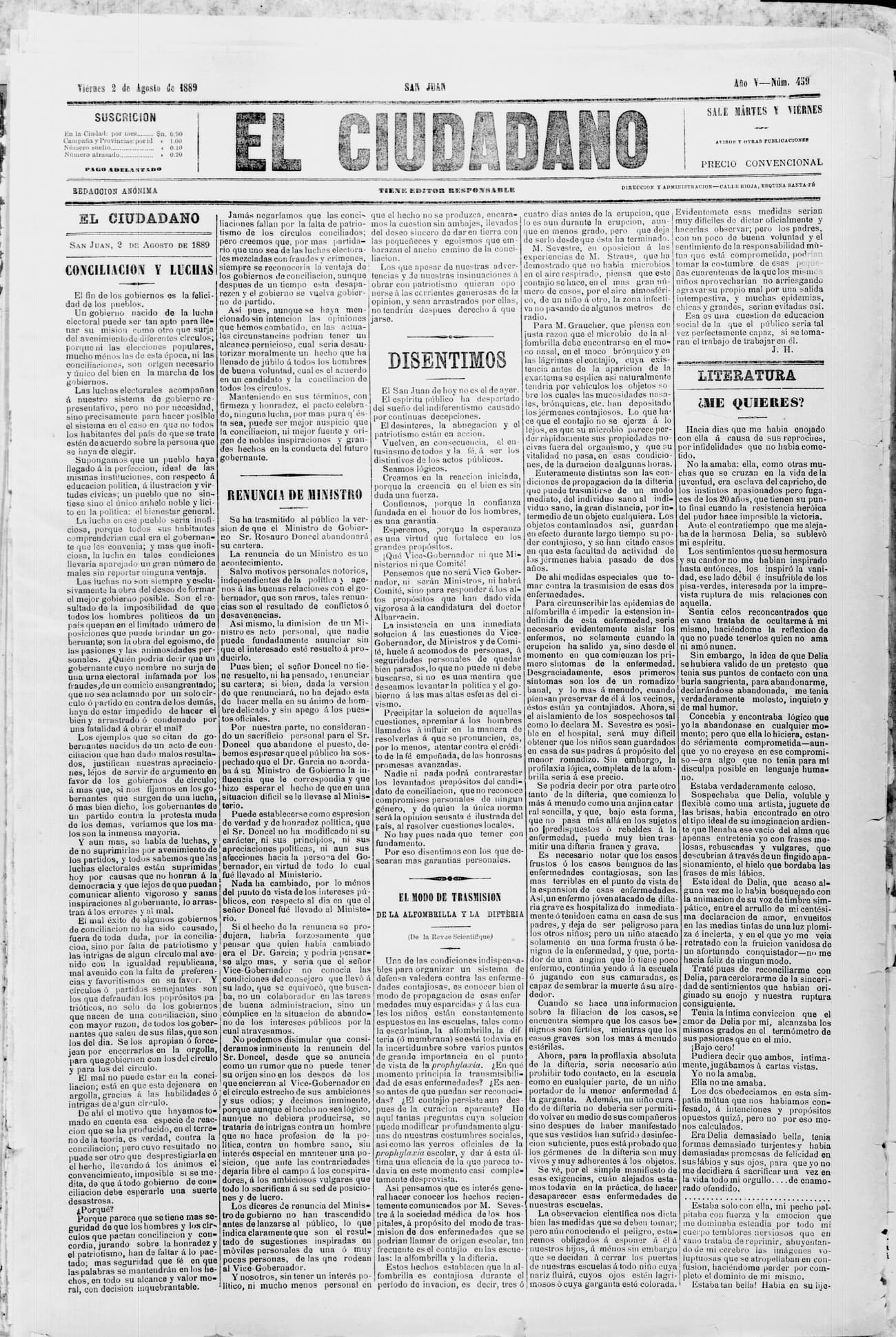 Portada · 2 de Agosto de 1889