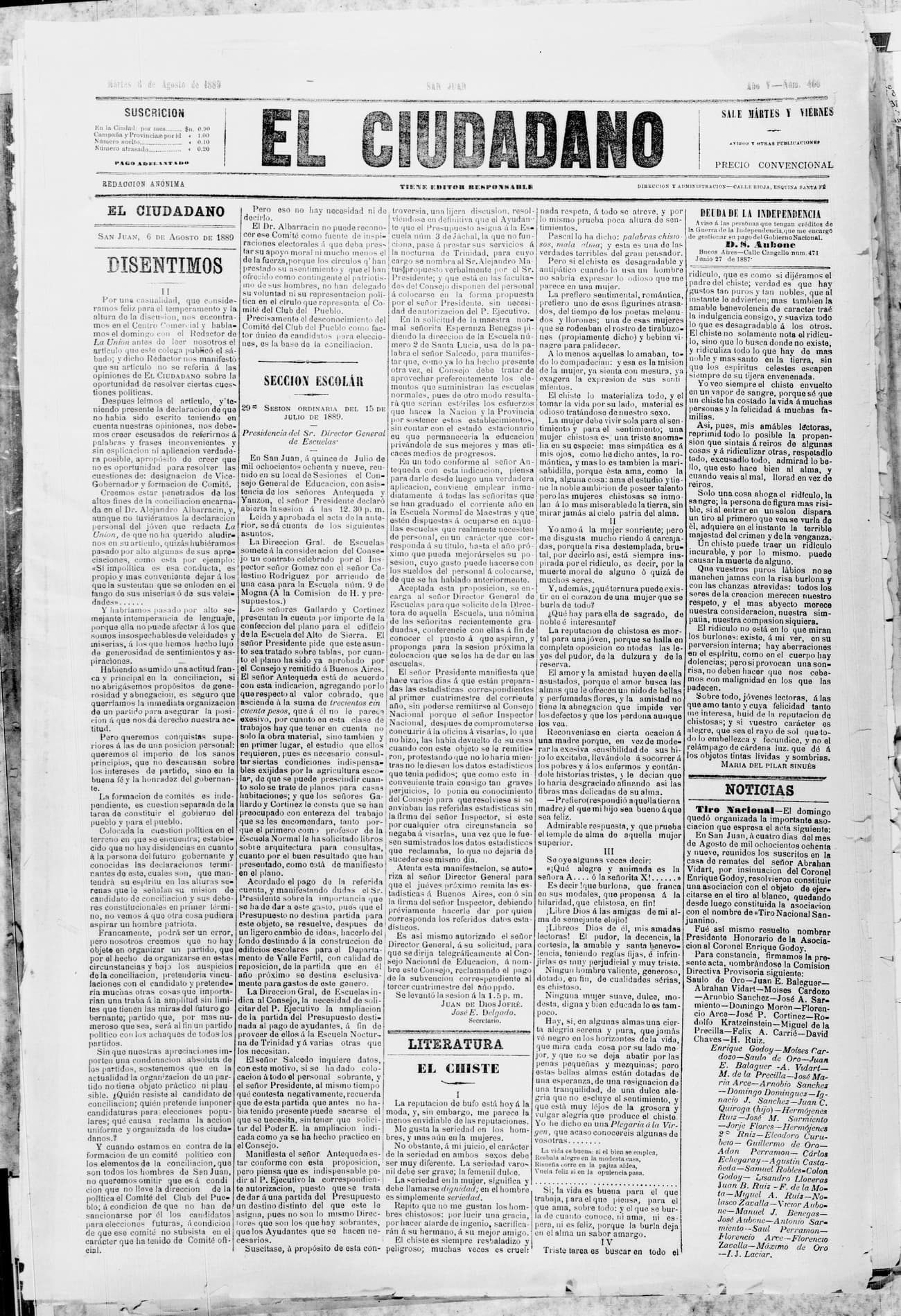 Portada · 6 de Agosto de 1889