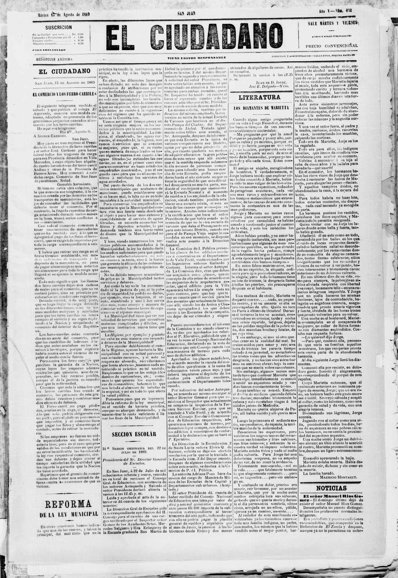 Portada · 13 de Agosto de 1889