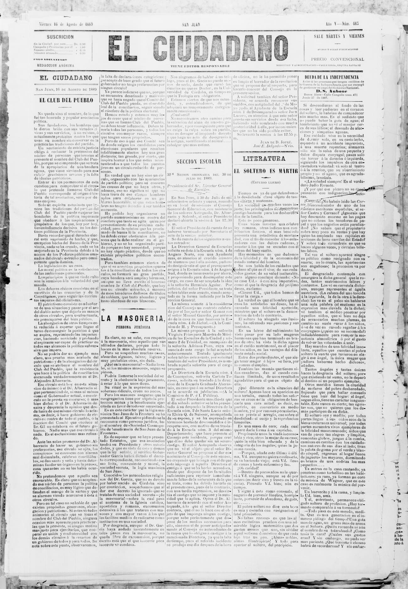 Portada · 16 de Agosto de 1889