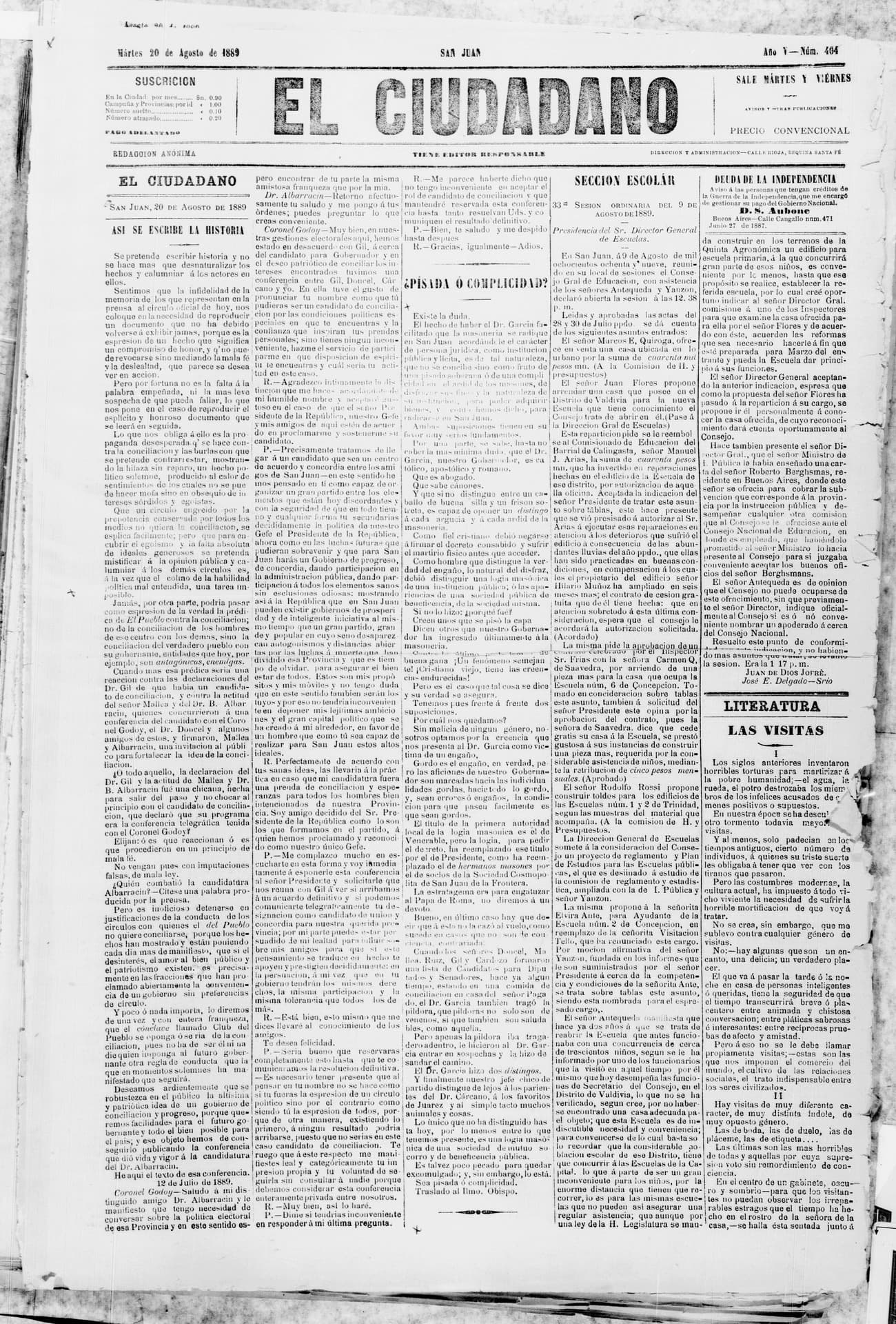 Portada · 20 de Agosto de 1889