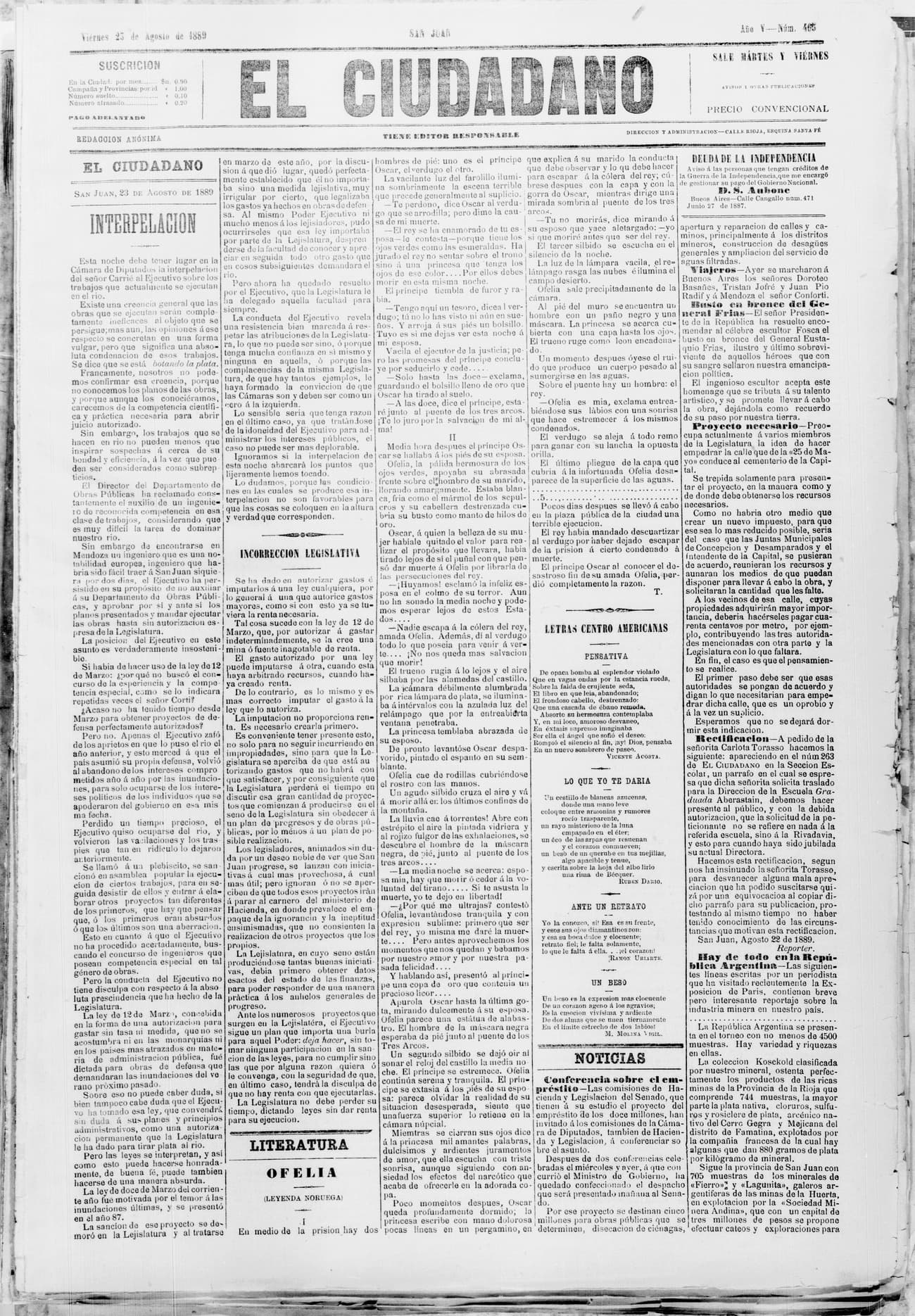 Portada · 23 de Agosto de 1889