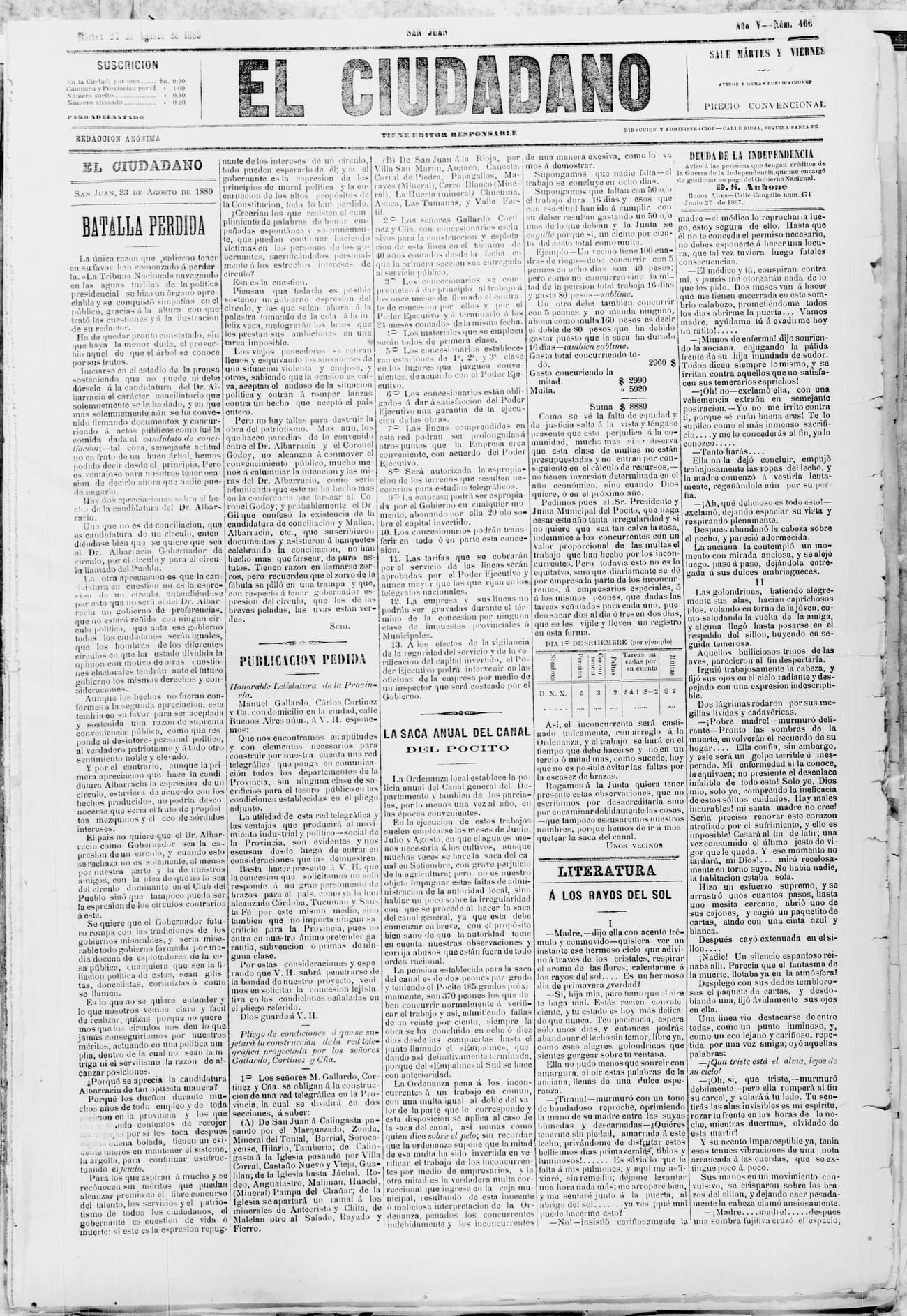 Portada · 27 de Agosto de 1889