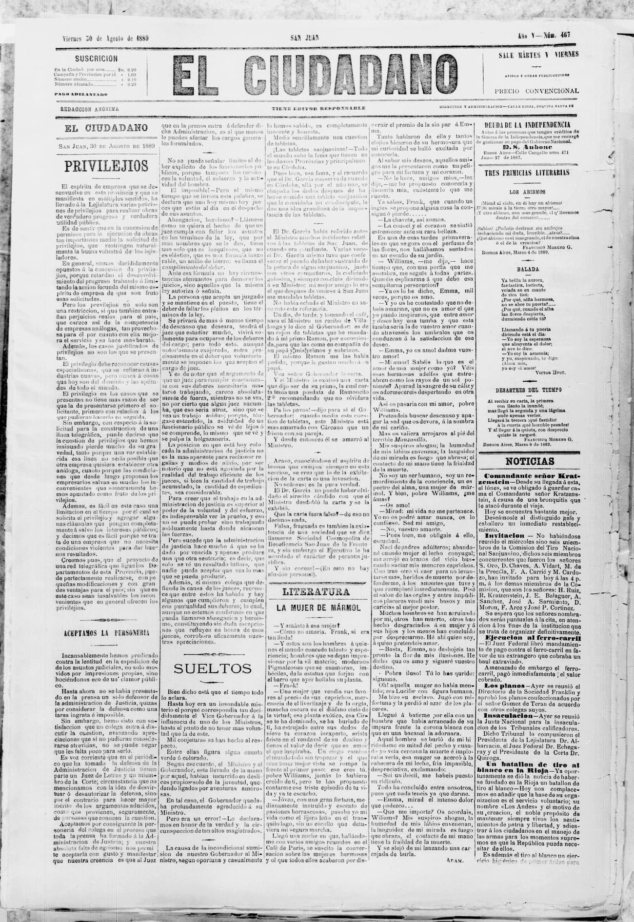 Portada · 30 de Agosto de 1889