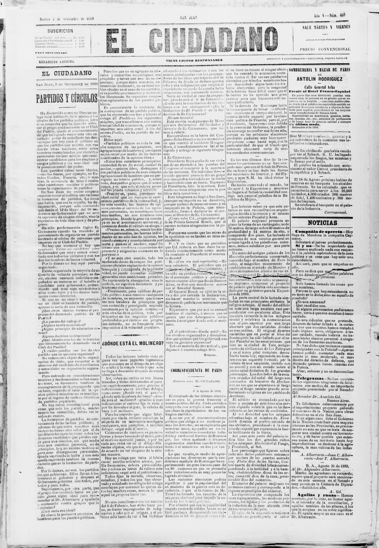 Portada · 3 de Septiembre de 1889