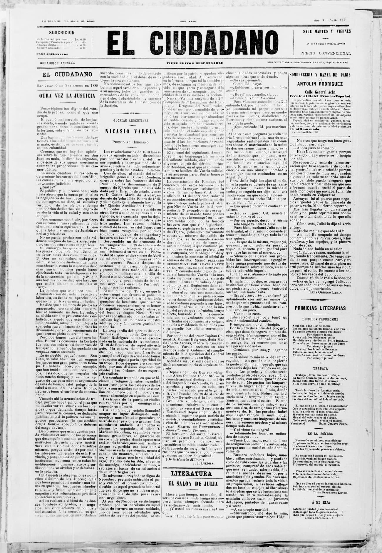 Portada · 6 de Septiembre de 1889