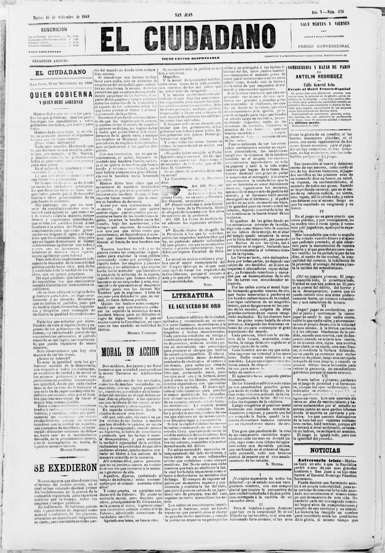 Portada · 10 de Septiembre de 1889