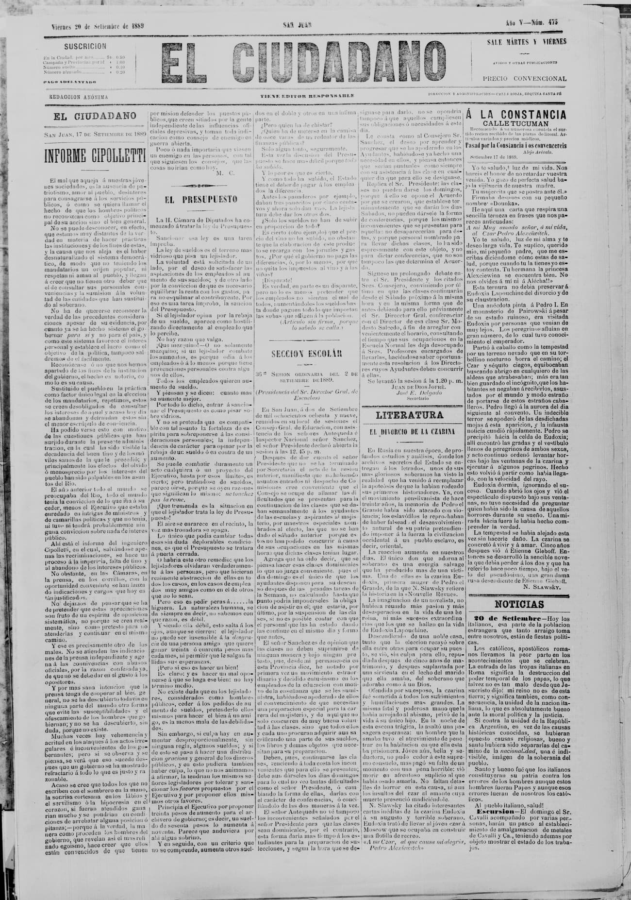 Portada · 20 de Septiembre de 1889