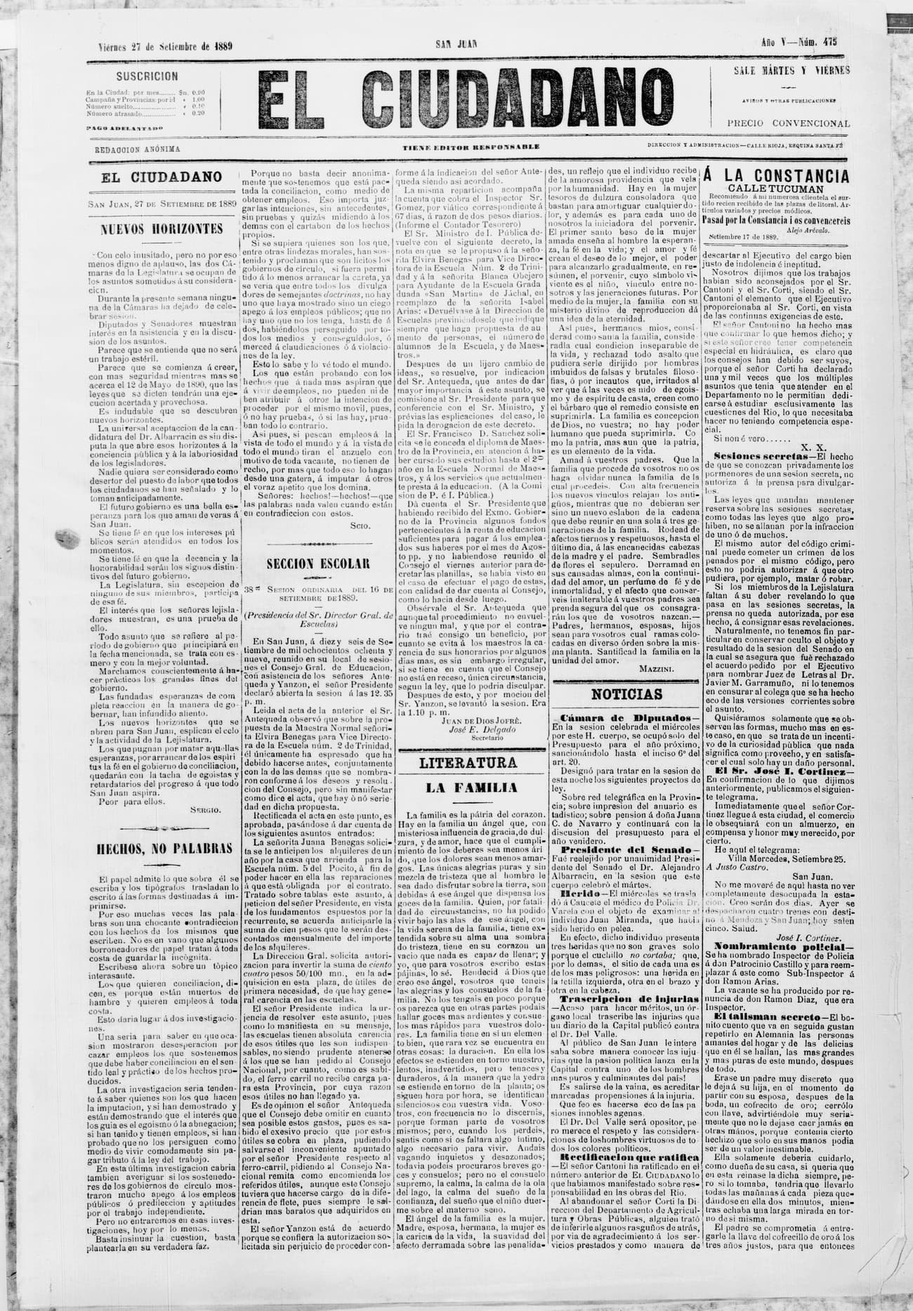 Portada · 27 de Septiembre de 1889