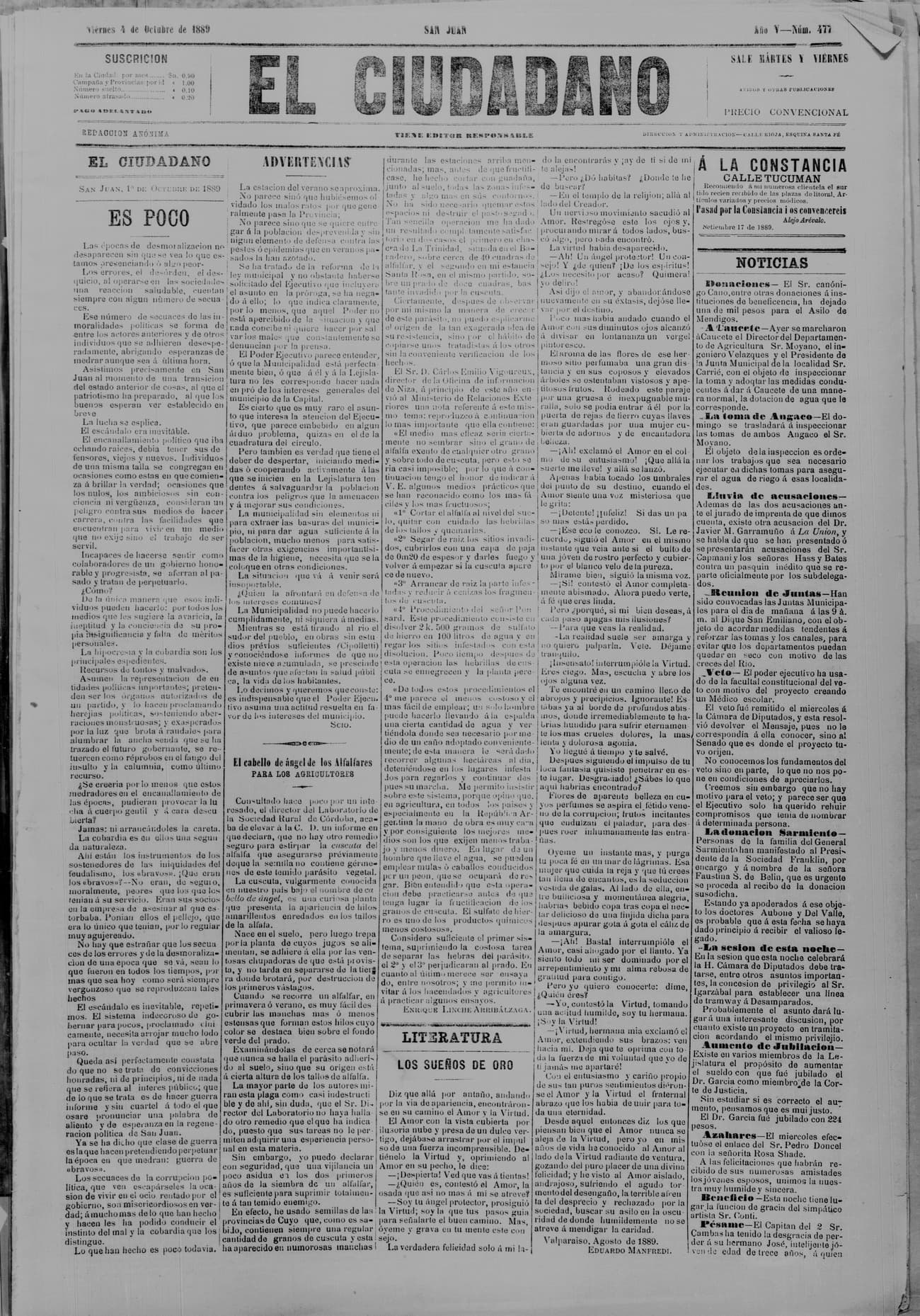 Portada · 4 de Octubre de 1889