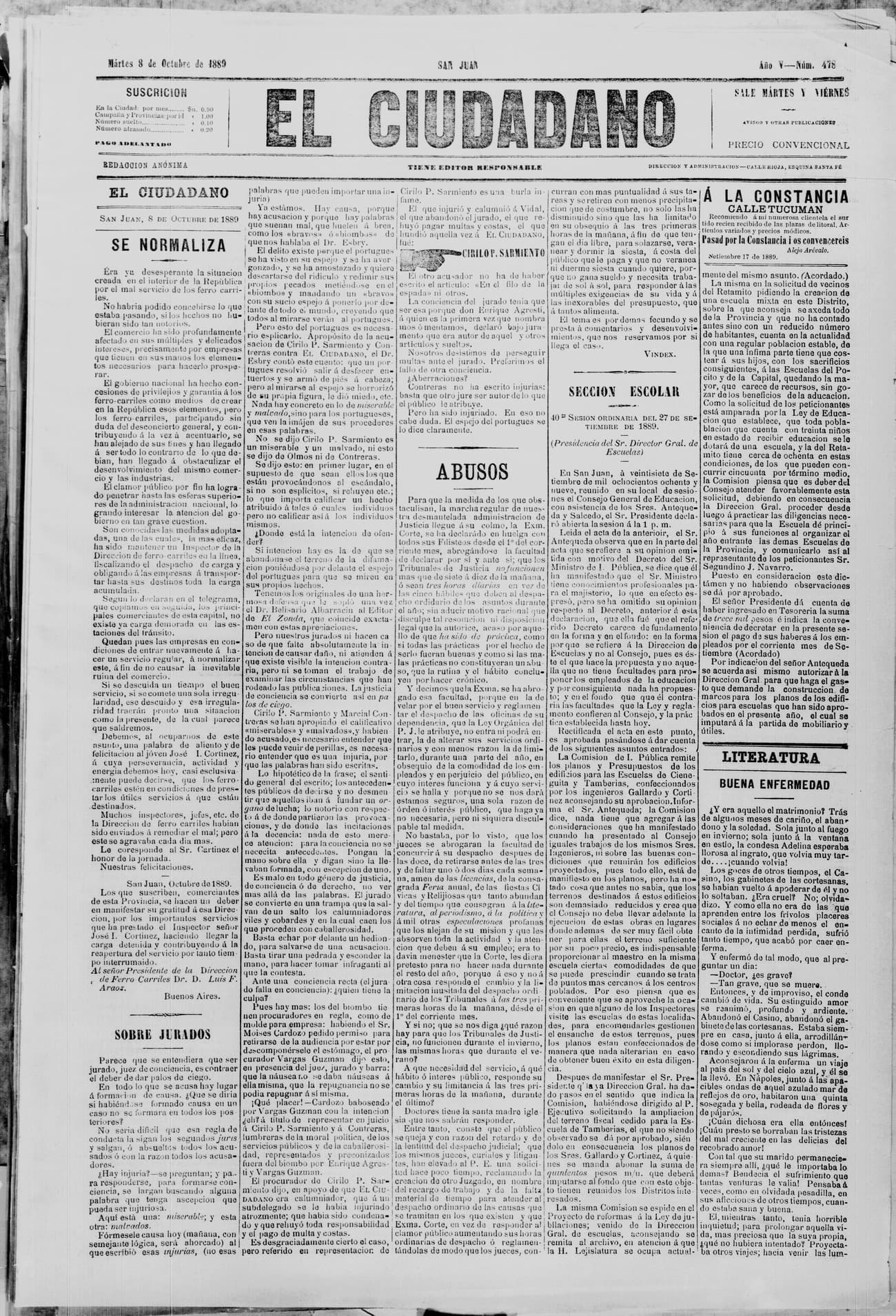 Portada · 8 de Octubre de 1889