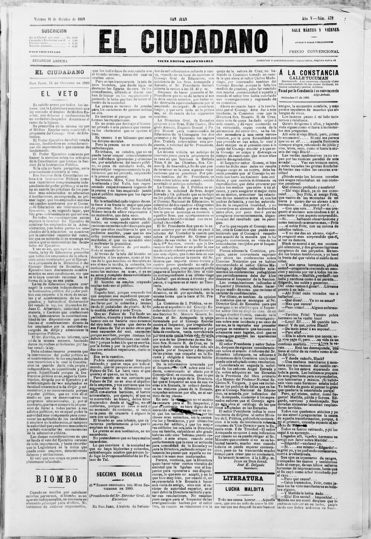 Portada · 11 de Octubre de 1889