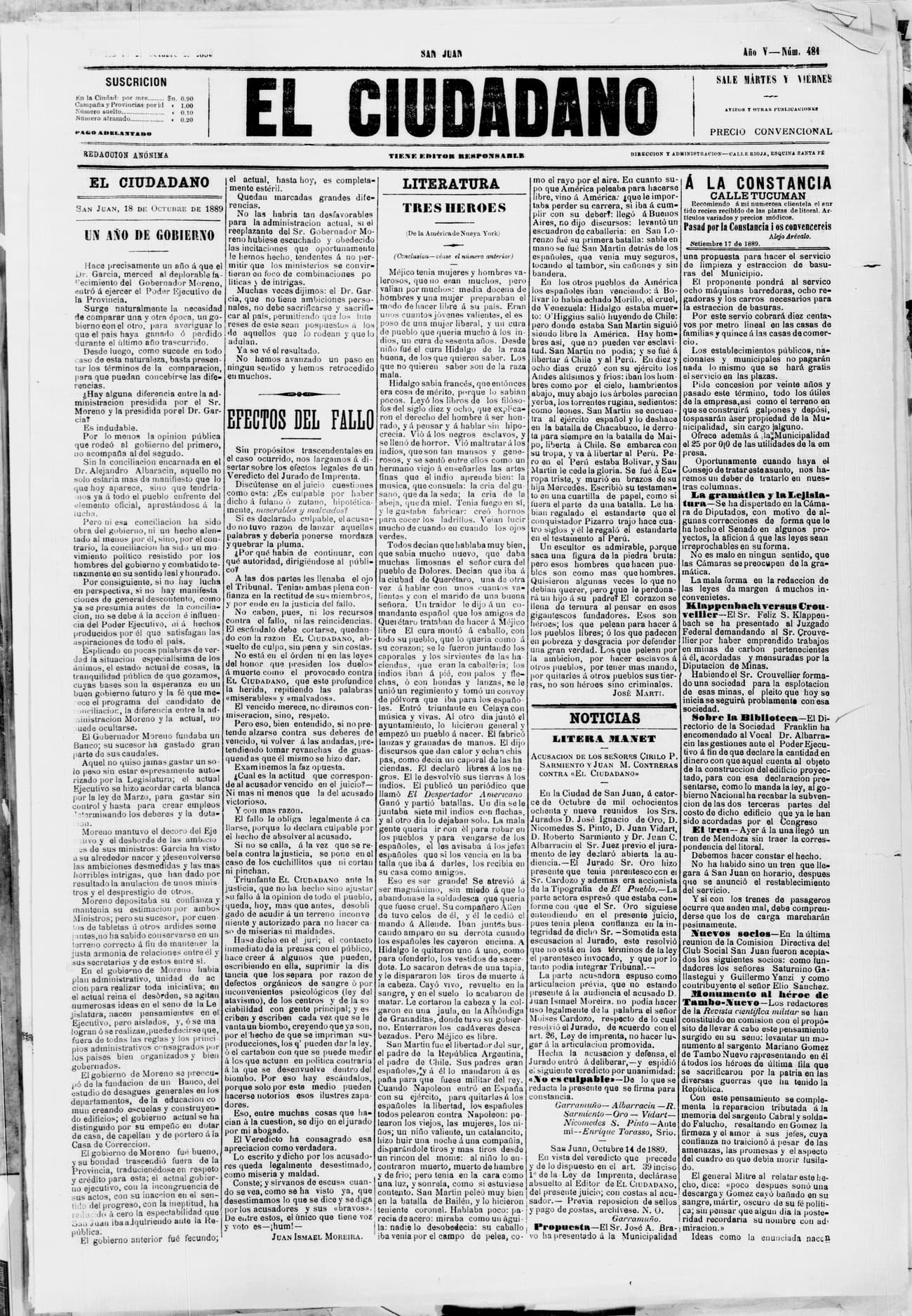 Portada · 18 de Octubre de 1889