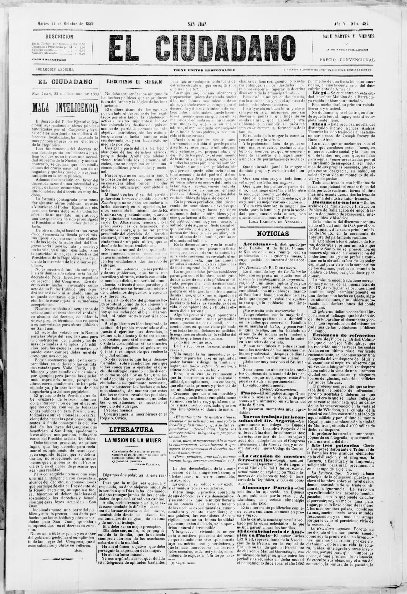 Portada · 22 de Octubre de 1889