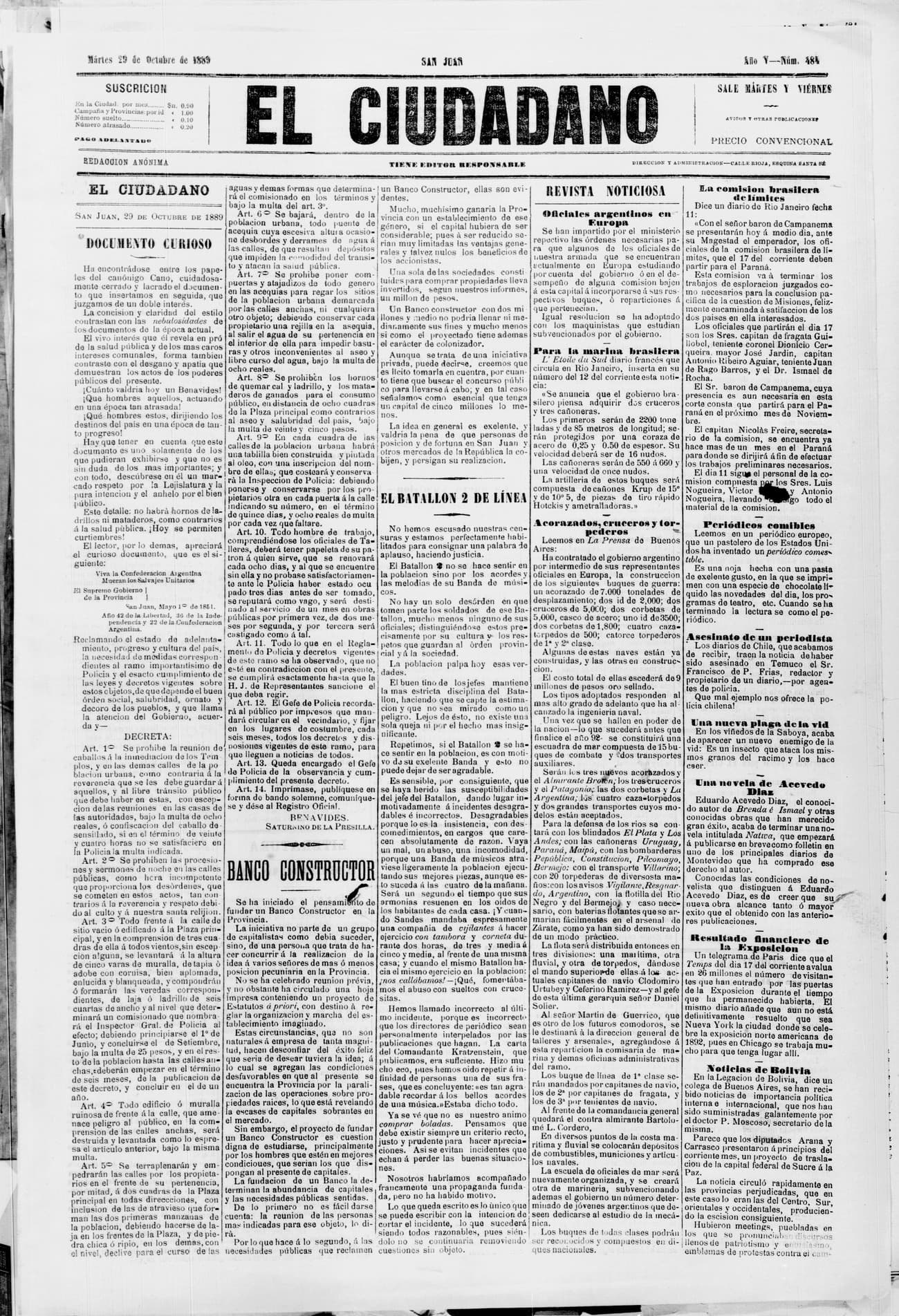 Portada · 29 de Octubre de 1889