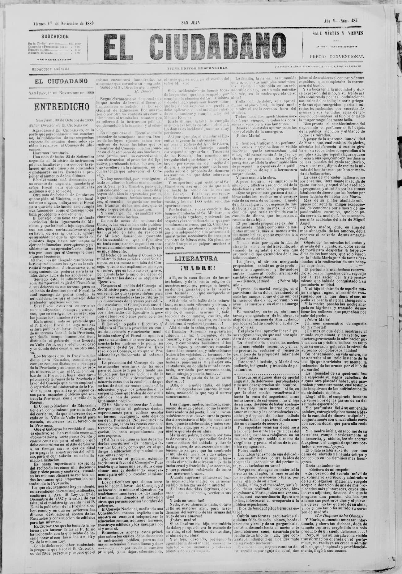 Portada · 1 de Noviembre de 1889